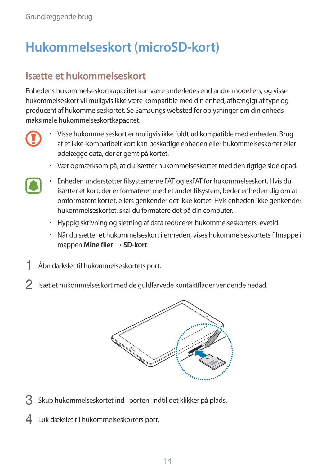 Samsung SM-T580NZWENEE, SM-T580NZKENEE, SM-T580NZWANEE manual Hukommelseskort microSD-kort, Isætte et hukommelseskort 