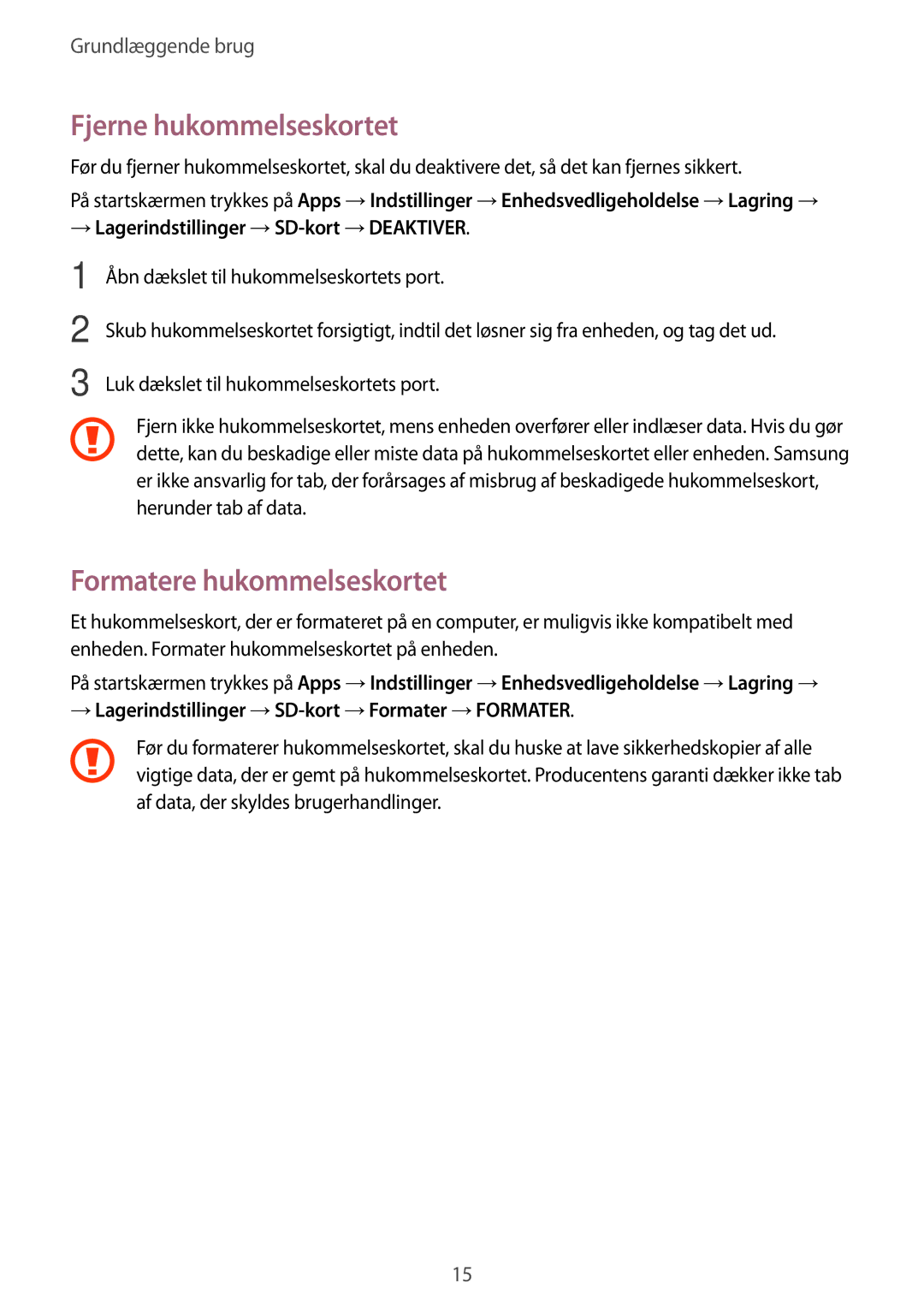 Samsung SM-T580NZKANEE, SM-T580NZKENEE, SM-T580NZWANEE, SM-T580NZWENEE Fjerne hukommelseskortet, Formatere hukommelseskortet 