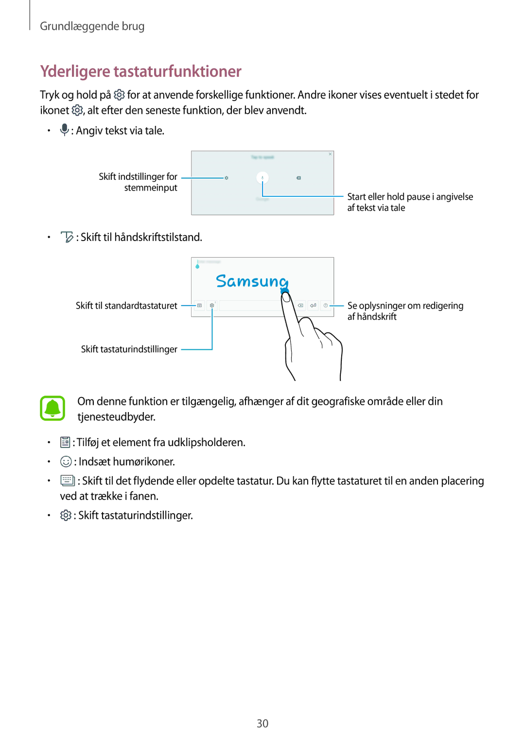 Samsung SM-T580NZWENEE, SM-T580NZKENEE, SM-T580NZWANEE manual Yderligere tastaturfunktioner, Skift til håndskriftstilstand 