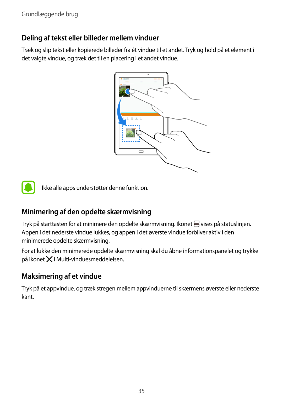 Samsung SM-T580NZKANEE manual Deling af tekst eller billeder mellem vinduer, Minimering af den opdelte skærmvisning 