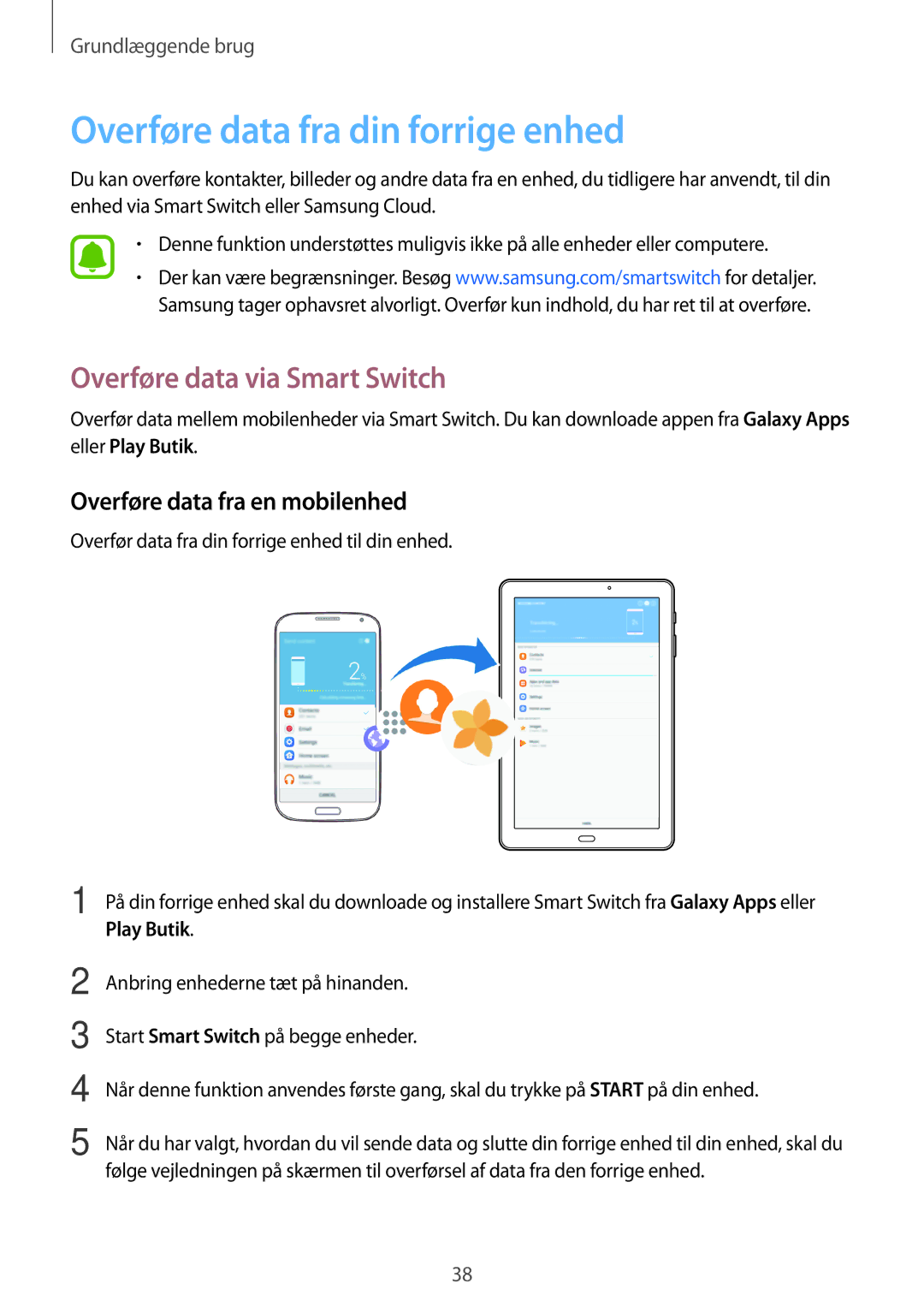 Samsung SM-T580NZWENEE, SM-T580NZKENEE, SM-T580NZWANEE Overføre data fra din forrige enhed, Overføre data via Smart Switch 