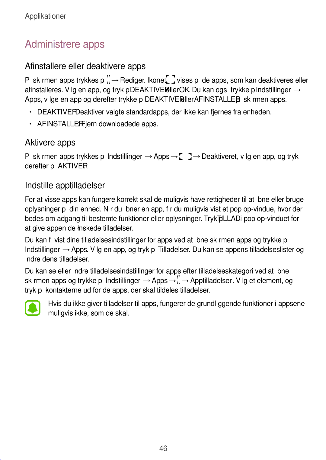 Samsung SM-T580NZWENEE Administrere apps, Afinstallere eller deaktivere apps, Aktivere apps, Indstille apptilladelser 