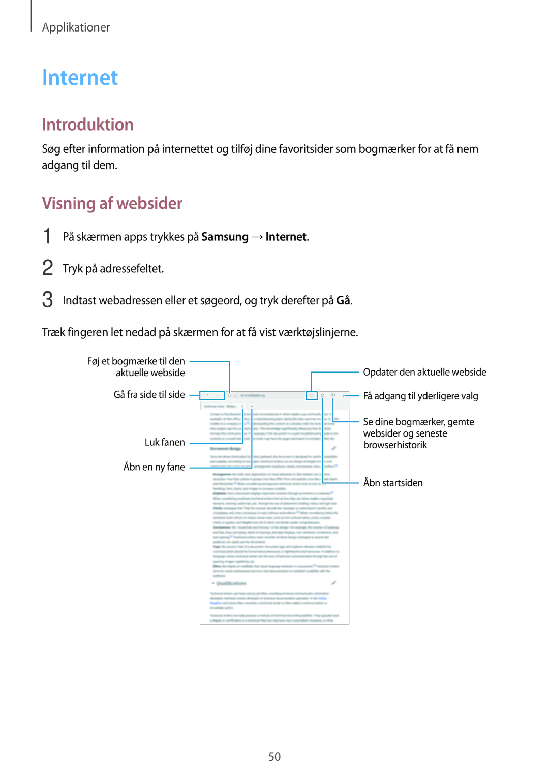 Samsung SM-T580NZWENEE, SM-T580NZKENEE, SM-T580NZWANEE, SM-T580NZKANEE manual Internet, Visning af websider 