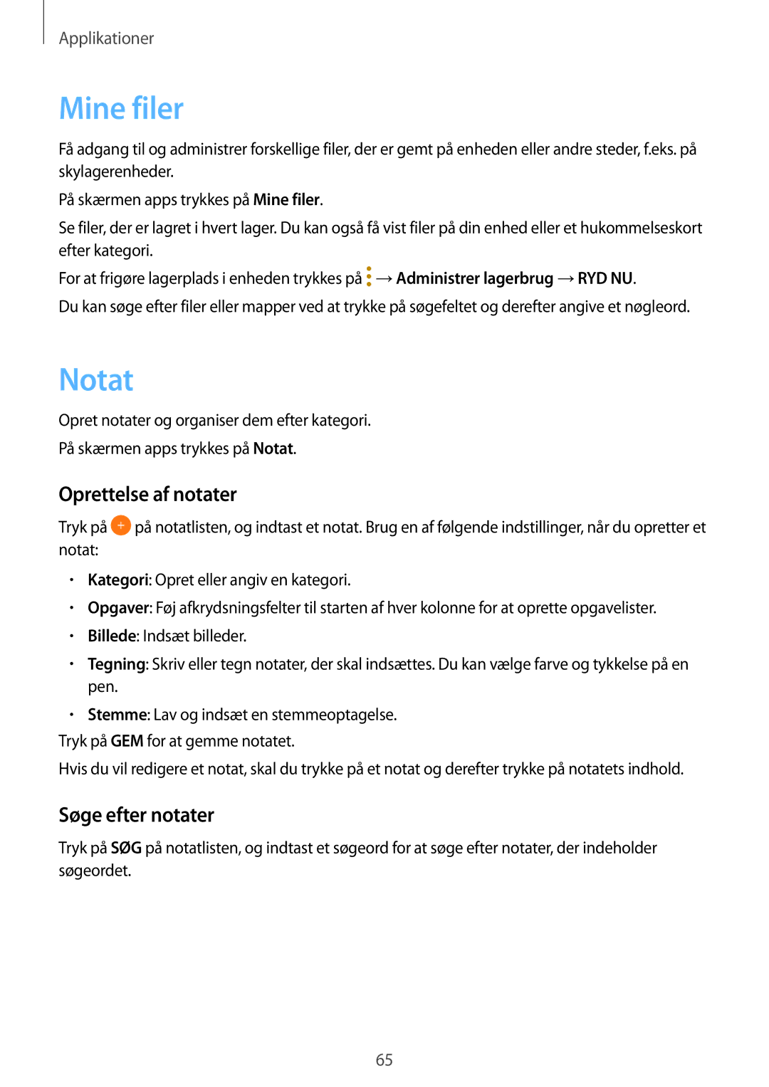 Samsung SM-T580NZWANEE, SM-T580NZKENEE, SM-T580NZWENEE manual Mine filer, Notat, Oprettelse af notater, Søge efter notater 