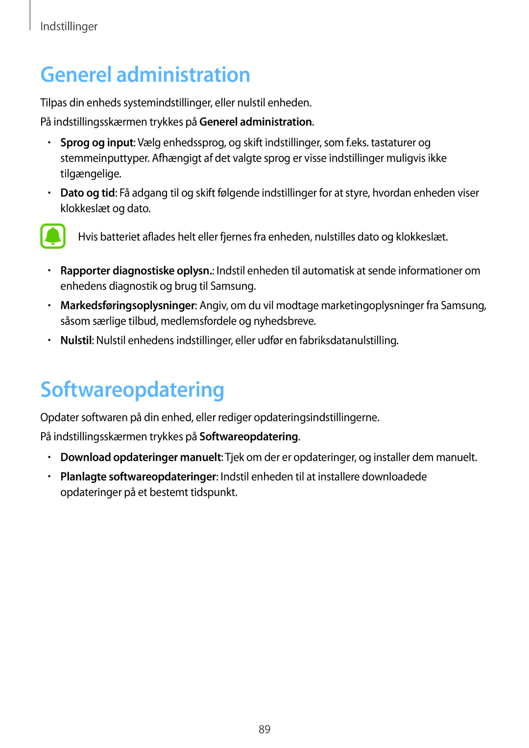 Samsung SM-T580NZWANEE, SM-T580NZKENEE, SM-T580NZWENEE, SM-T580NZKANEE manual Generel administration, Softwareopdatering 