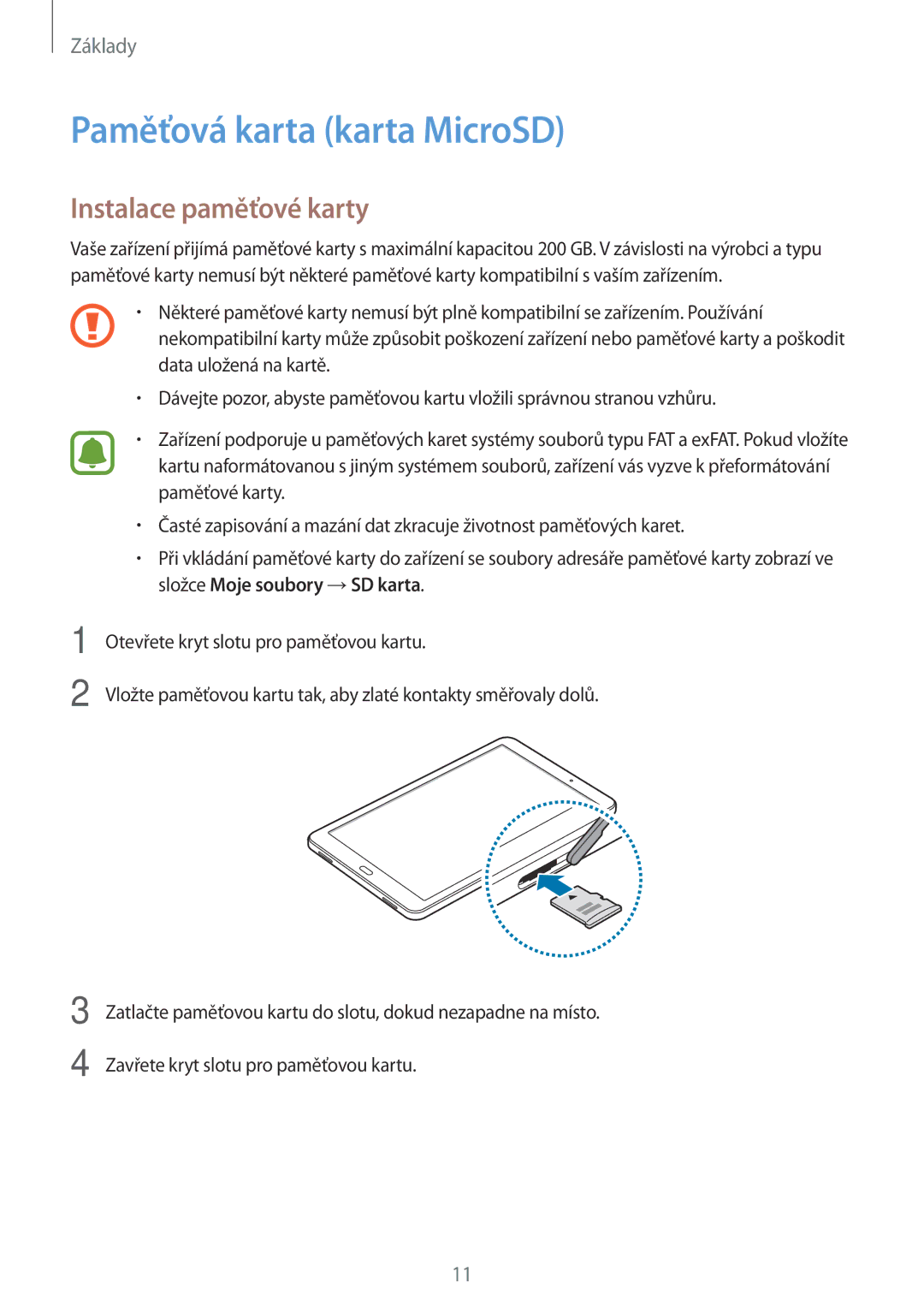 Samsung SM-T580NZAEXEZ, SM-T580NZKEXEZ manual Paměťová karta karta MicroSD, Instalace paměťové karty 