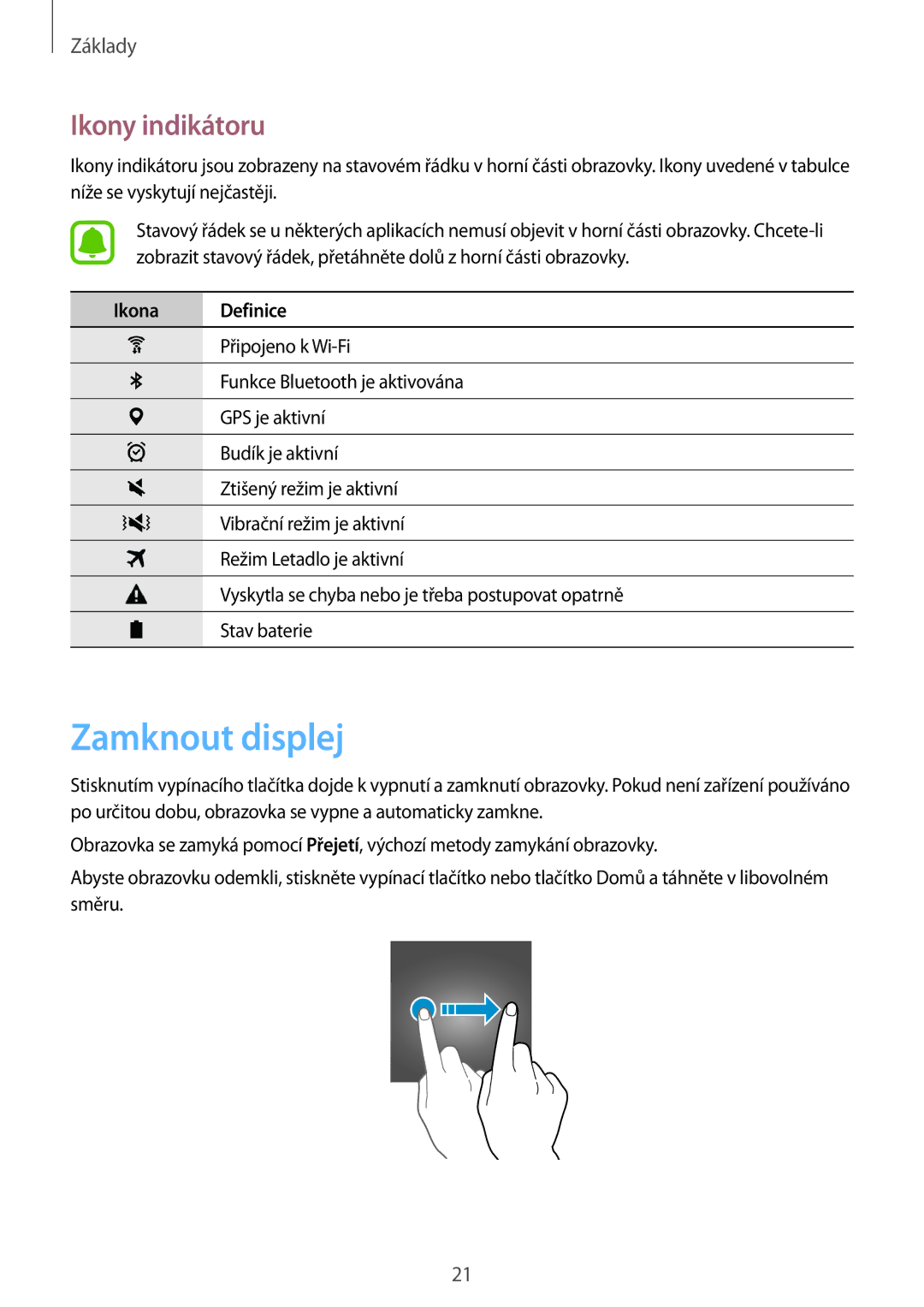 Samsung SM-T580NZAEXEZ, SM-T580NZKEXEZ manual Zamknout displej, Ikony indikátoru, Ikona Definice 