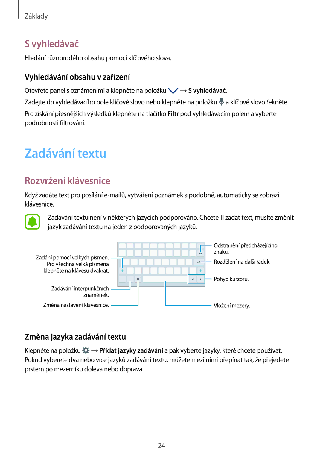 Samsung SM-T580NZKEXEZ, SM-T580NZAEXEZ Zadávání textu, Vyhledávač, Rozvržení klávesnice, Vyhledávání obsahu v zařízení 