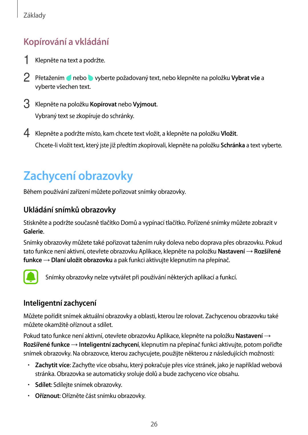 Samsung SM-T580NZKEXEZ manual Zachycení obrazovky, Kopírování a vkládání, Ukládání snímků obrazovky, Inteligentní zachycení 
