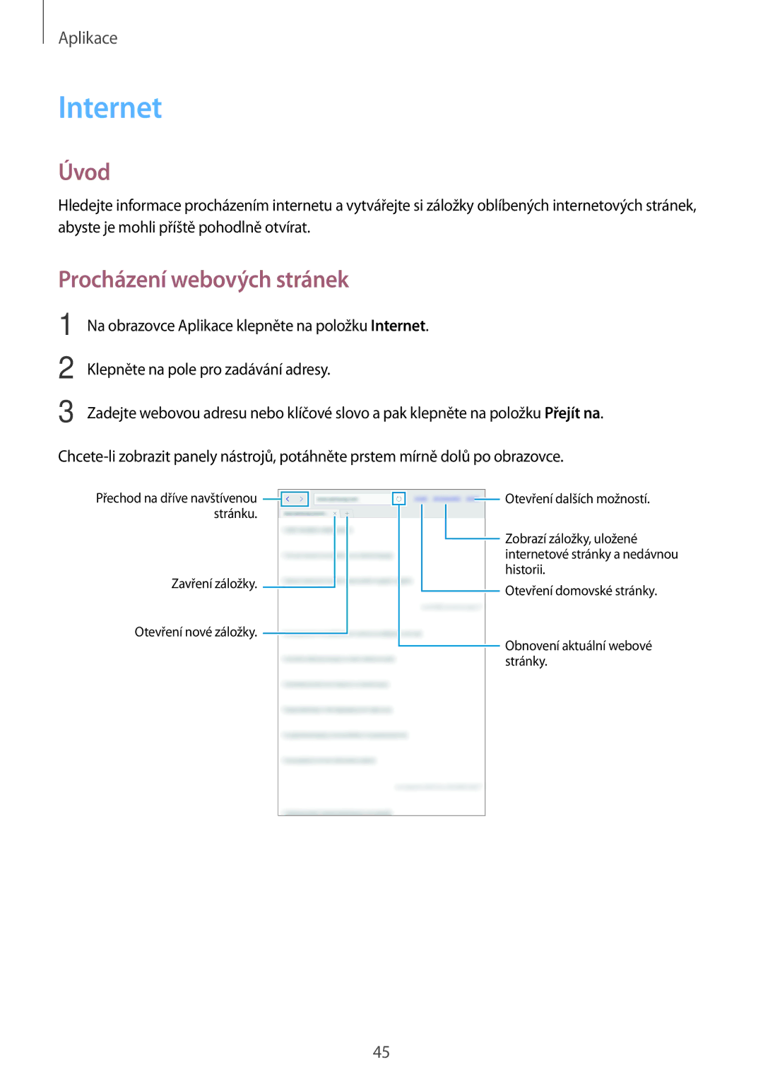 Samsung SM-T580NZAEXEZ, SM-T580NZKEXEZ manual Internet, Procházení webových stránek 