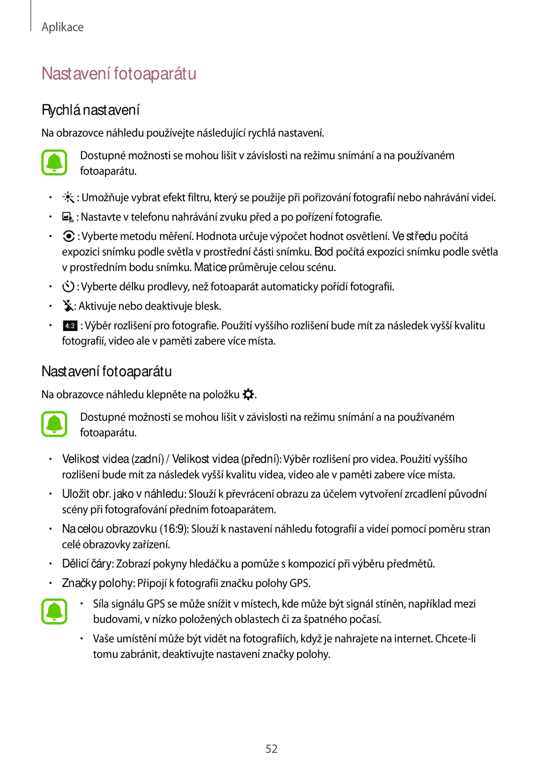 Samsung SM-T580NZKEXEZ, SM-T580NZAEXEZ manual Nastavení fotoaparátu, Rychlá nastavení 