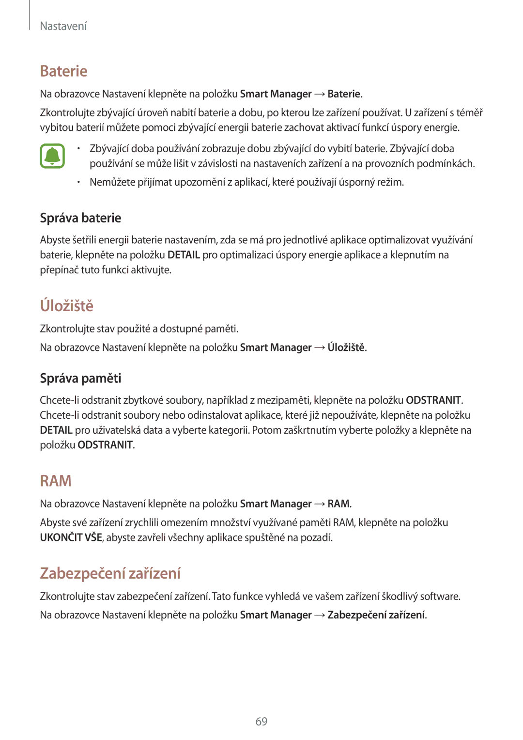 Samsung SM-T580NZAEXEZ, SM-T580NZKEXEZ manual Baterie, Úložiště, Zabezpečení zařízení, Správa baterie, Správa paměti 