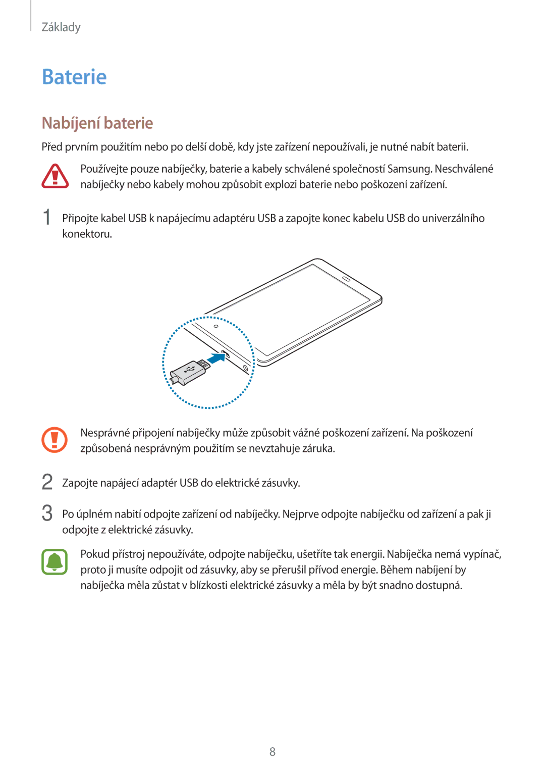 Samsung SM-T580NZKEXEZ, SM-T580NZAEXEZ manual Baterie, Nabíjení baterie 