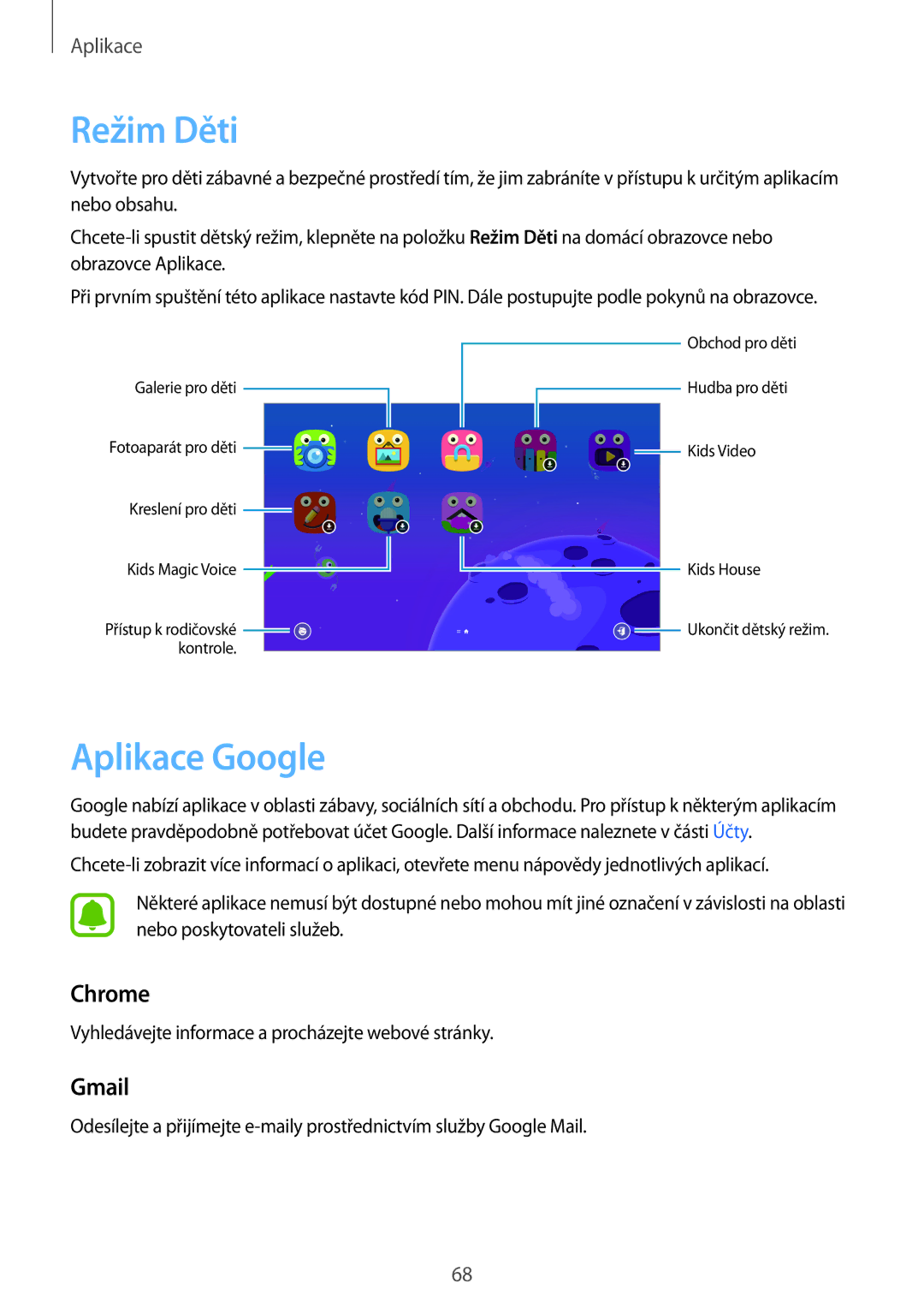 Samsung SM-T580NZKEXEZ, SM-T580NZAEXEZ manual Režim Děti, Aplikace Google, Chrome, Gmail 