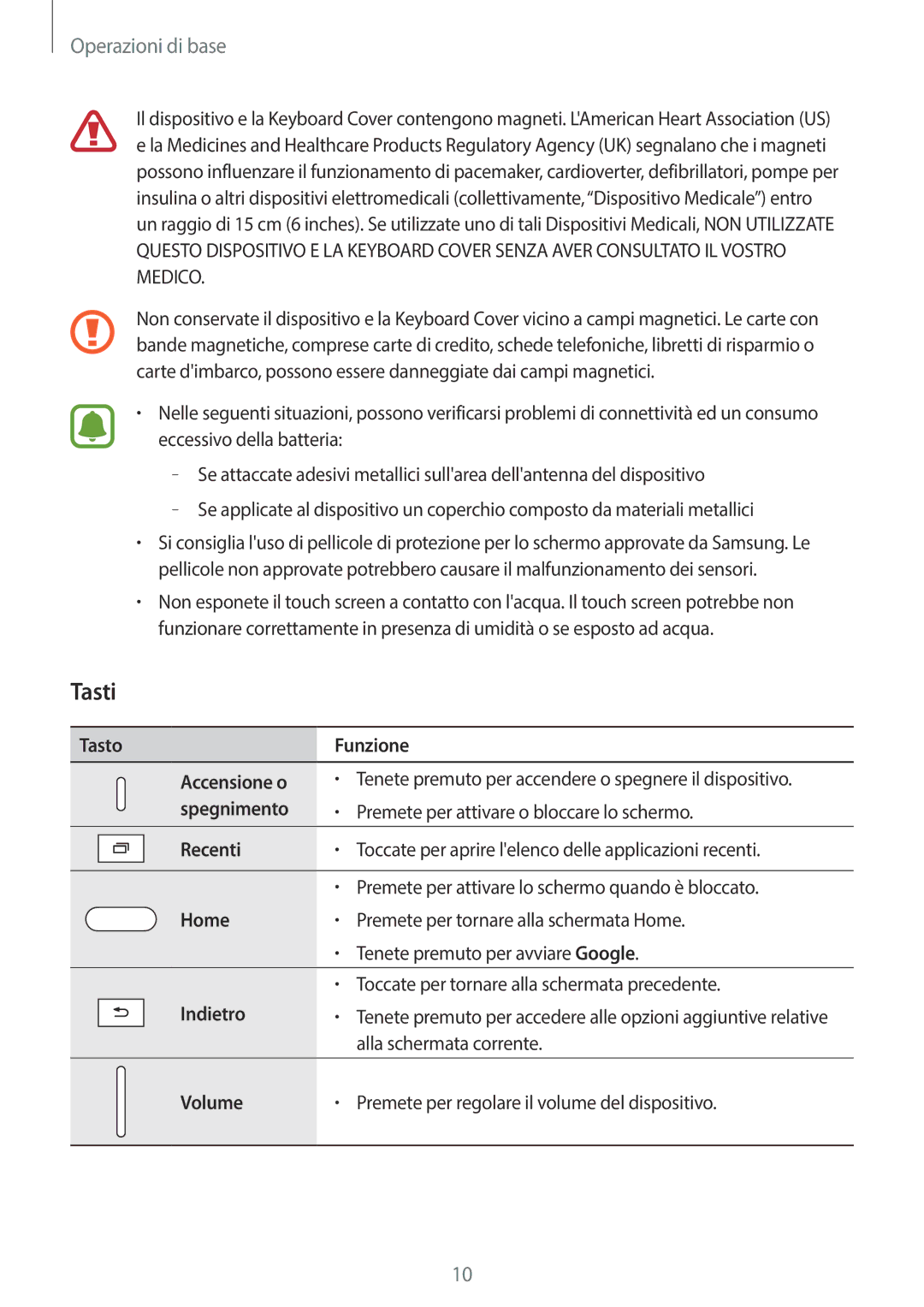 Samsung SM-T580NZWAITV, SM-T580NZAEITV manual Tasti 