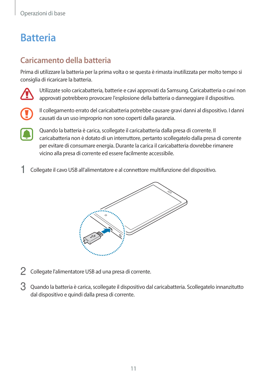 Samsung SM-T580NZAEITV, SM-T580NZWAITV manual Batteria, Caricamento della batteria 