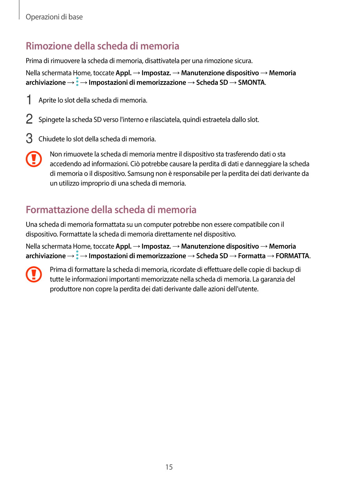 Samsung SM-T580NZAEITV, SM-T580NZWAITV manual Rimozione della scheda di memoria, Formattazione della scheda di memoria 