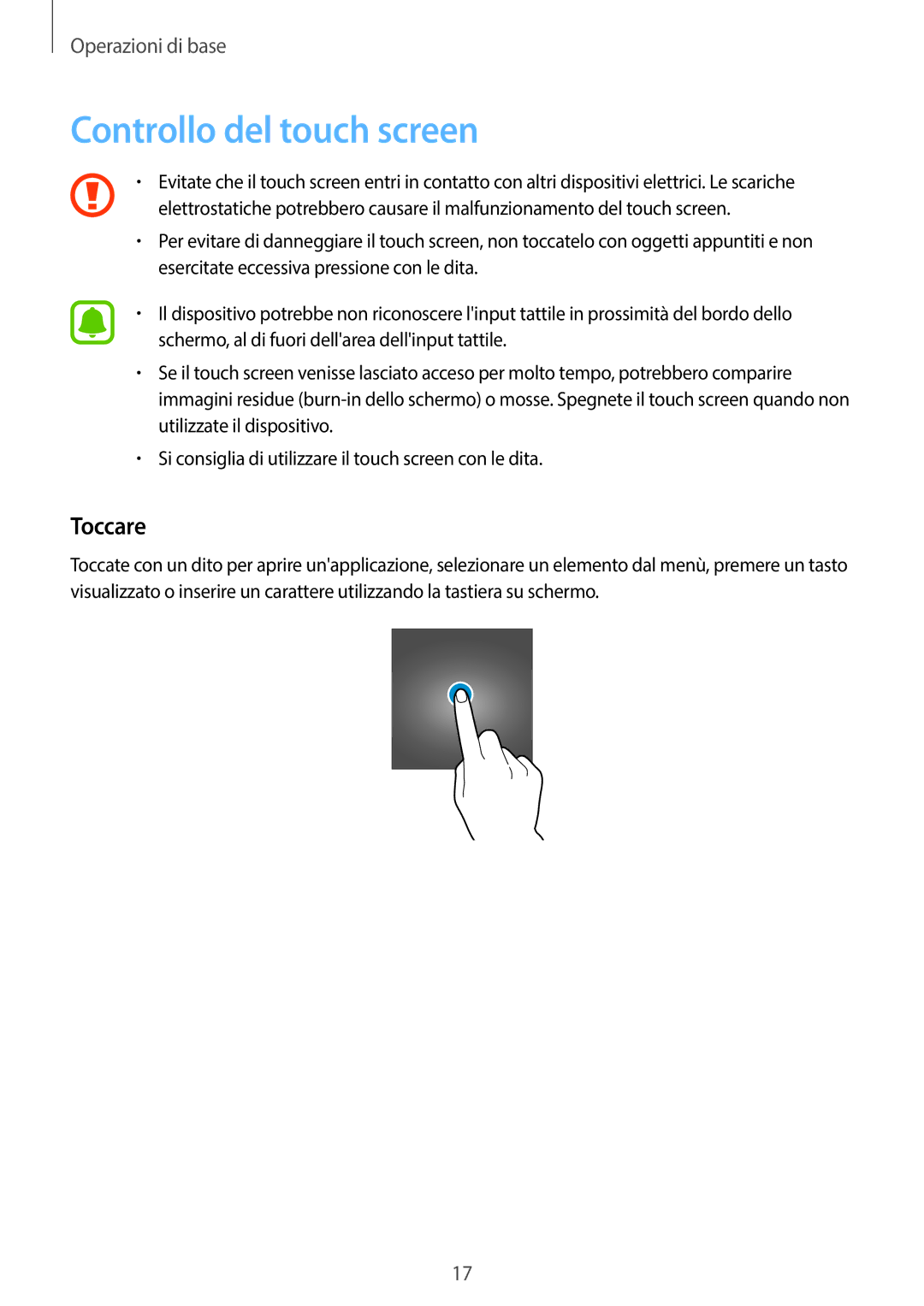 Samsung SM-T580NZAEITV, SM-T580NZWAITV manual Controllo del touch screen, Toccare 