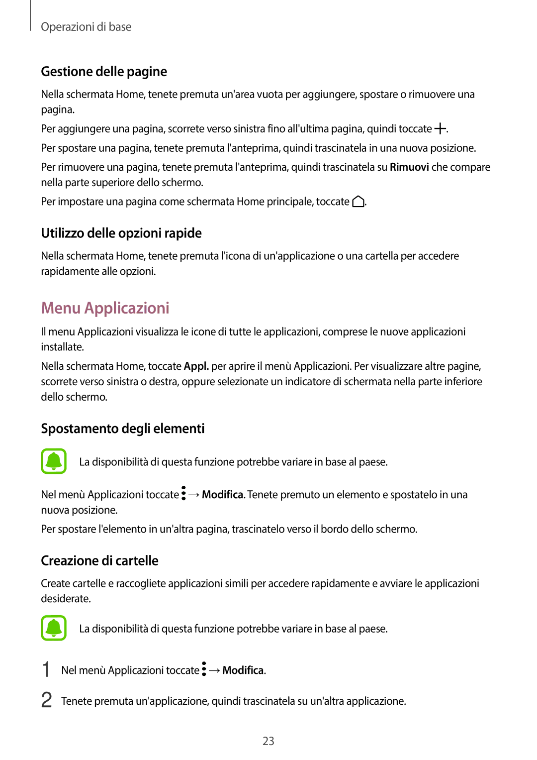 Samsung SM-T580NZAEITV, SM-T580NZWAITV manual Menu Applicazioni, Gestione delle pagine, Utilizzo delle opzioni rapide 