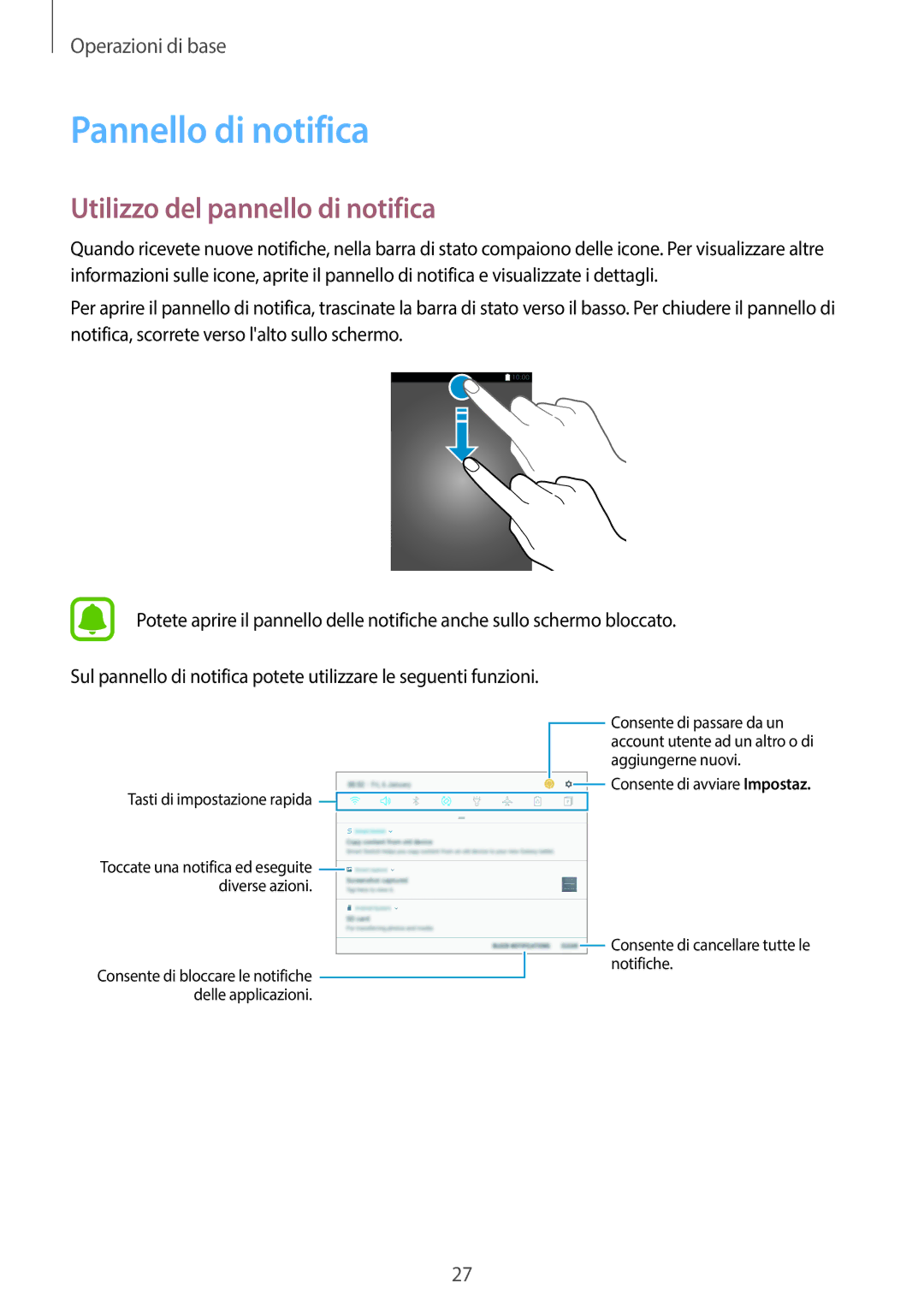 Samsung SM-T580NZAEITV, SM-T580NZWAITV manual Pannello di notifica, Utilizzo del pannello di notifica 