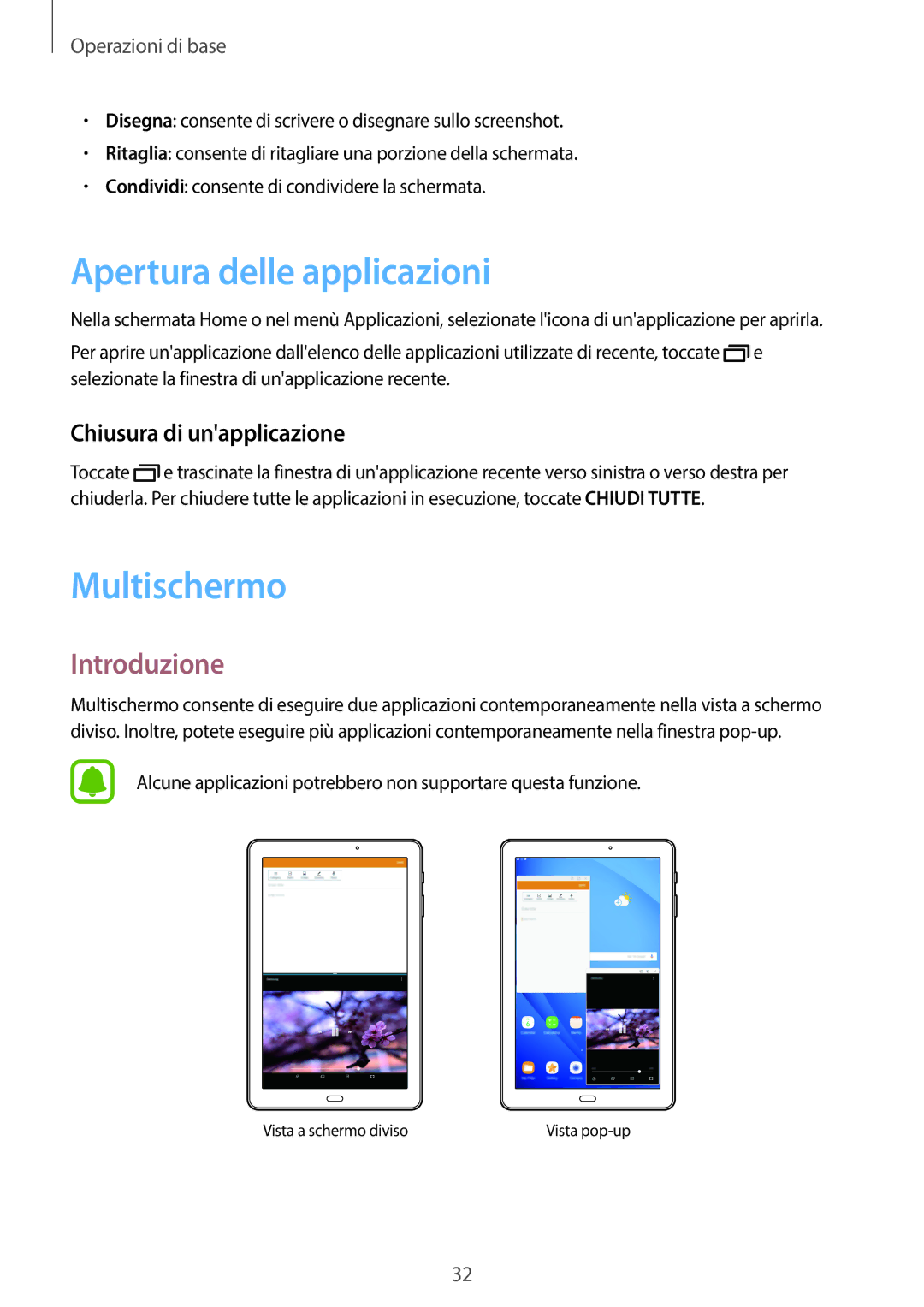 Samsung SM-T580NZWAITV, SM-T580NZAEITV Apertura delle applicazioni, Multischermo, Introduzione, Chiusura di unapplicazione 