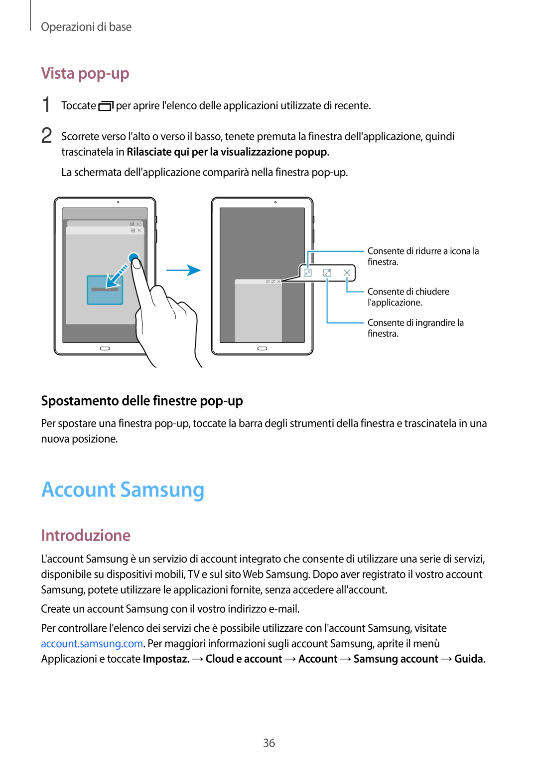 Samsung SM-T580NZWAITV, SM-T580NZAEITV manual Account Samsung, Vista pop-up, Spostamento delle finestre pop-up 