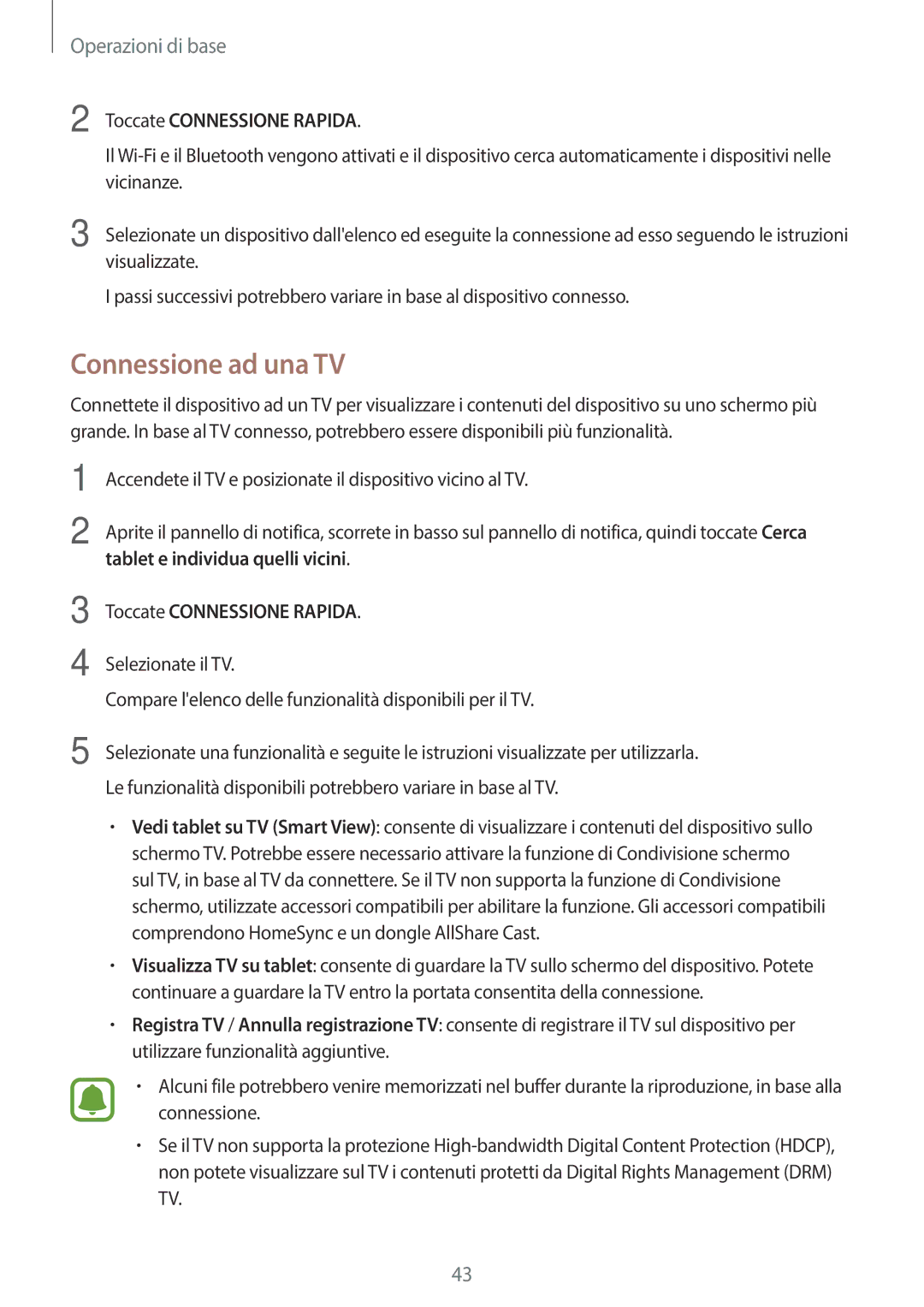 Samsung SM-T580NZAEITV, SM-T580NZWAITV manual Connessione ad una TV, Toccate Connessione Rapida 