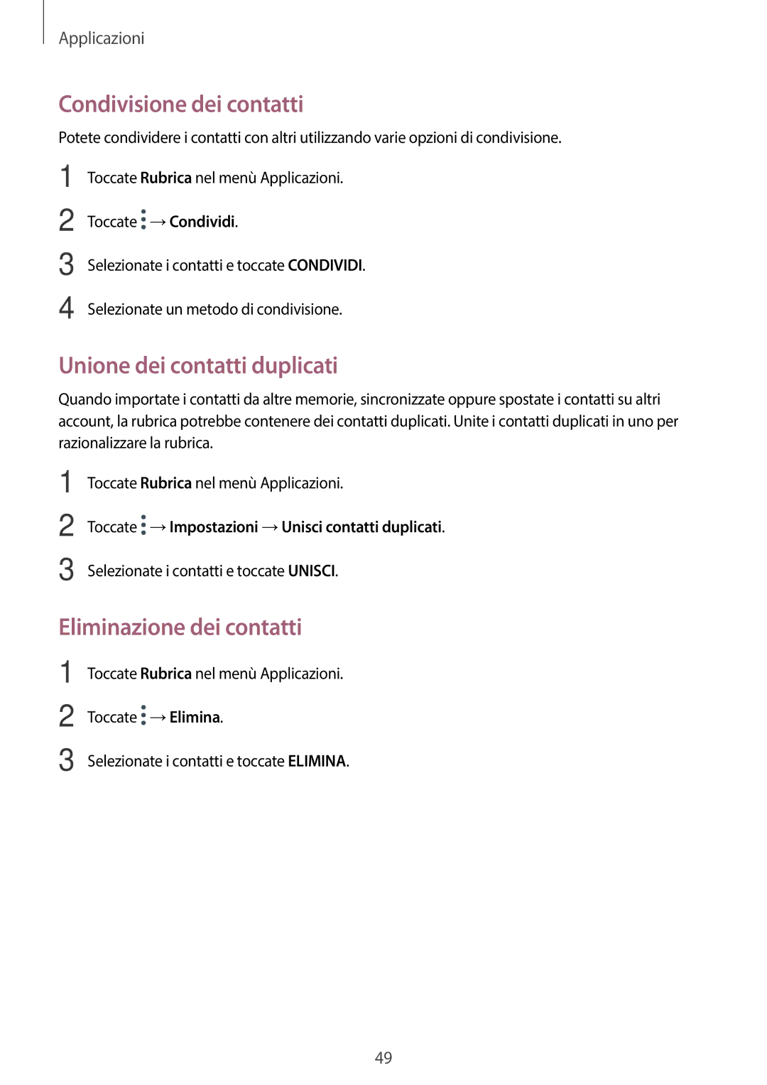 Samsung SM-T580NZAEITV, SM-T580NZWAITV Condivisione dei contatti, Unione dei contatti duplicati, Eliminazione dei contatti 