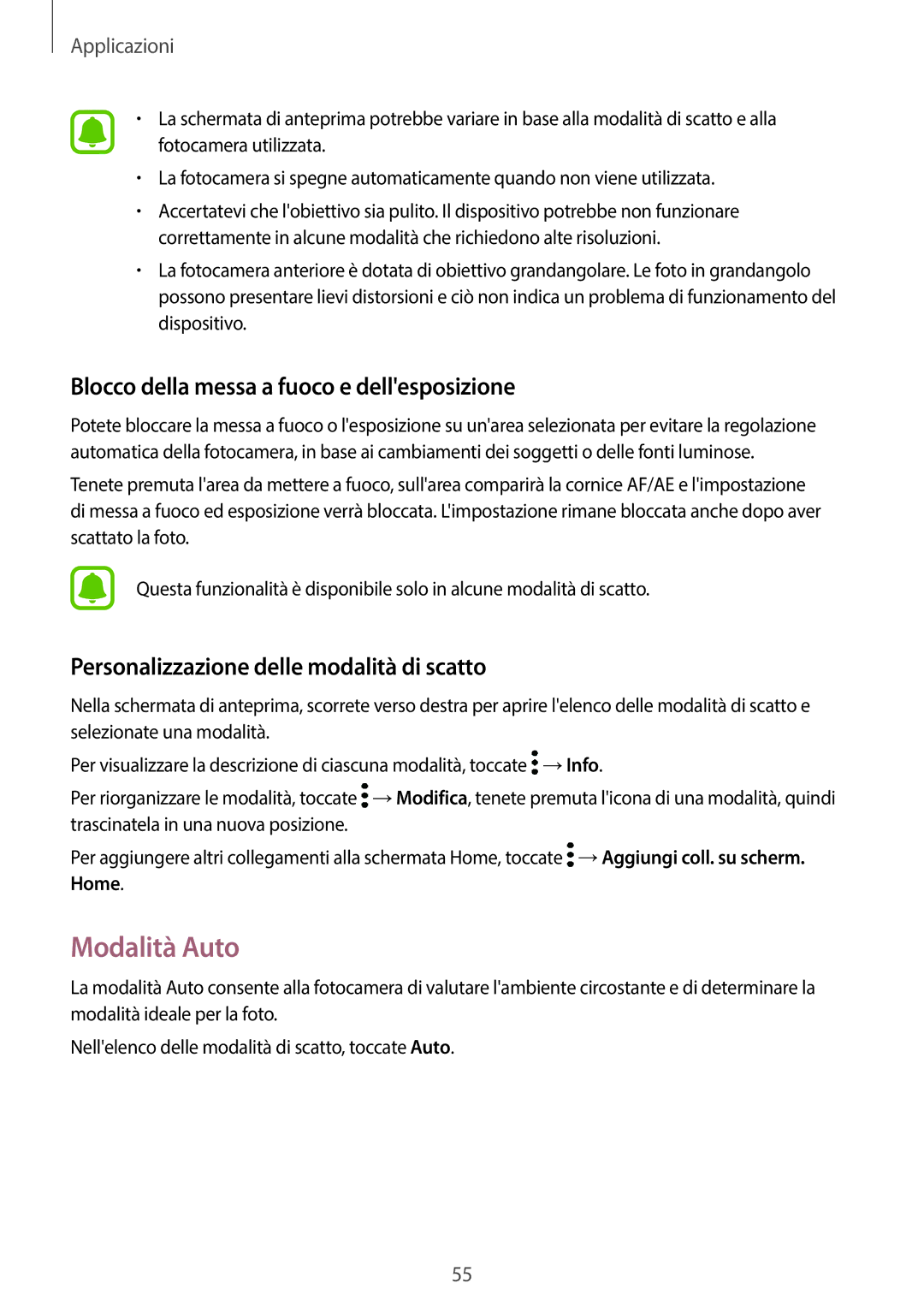 Samsung SM-T580NZAEITV, SM-T580NZWAITV manual Modalità Auto, Blocco della messa a fuoco e dellesposizione 