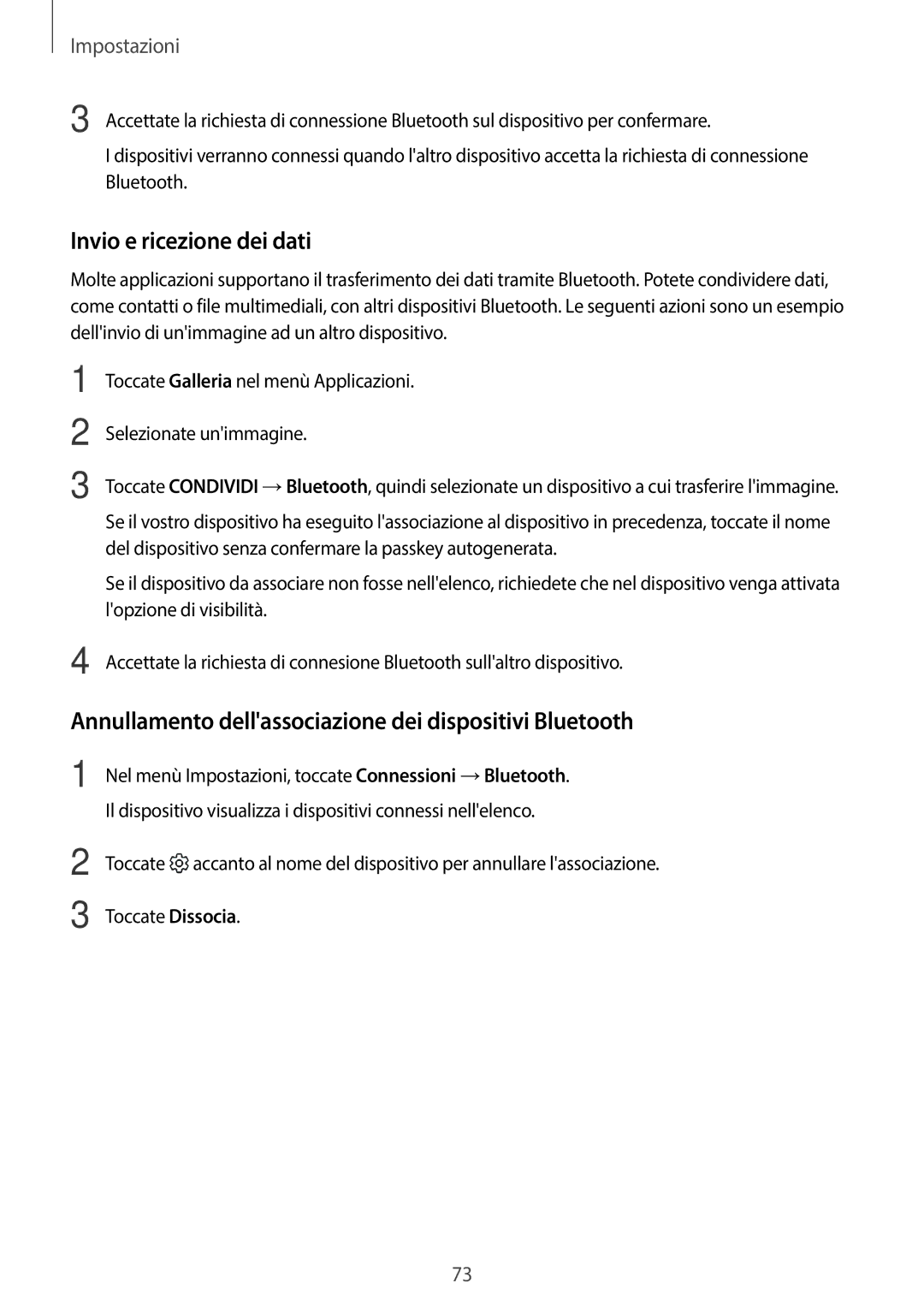 Samsung SM-T580NZAEITV, SM-T580NZWAITV Invio e ricezione dei dati, Annullamento dellassociazione dei dispositivi Bluetooth 