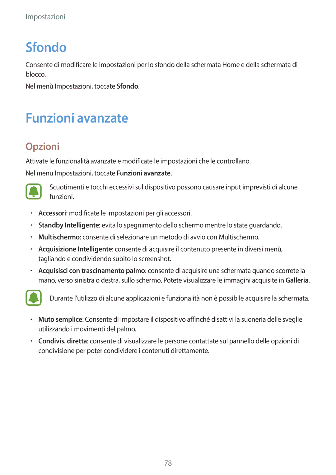 Samsung SM-T580NZWAITV, SM-T580NZAEITV manual Sfondo, Funzioni avanzate 