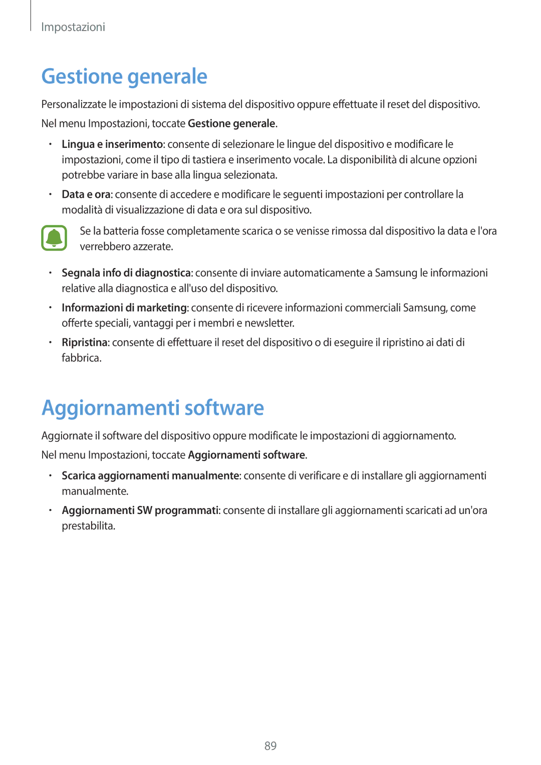 Samsung SM-T580NZAEITV, SM-T580NZWAITV manual Gestione generale, Aggiornamenti software 