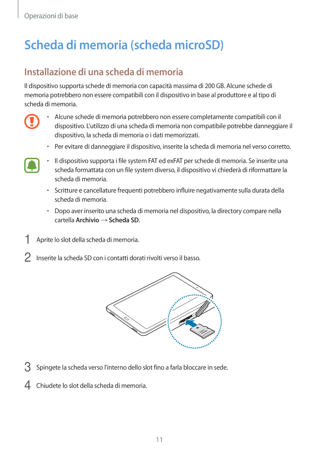 Samsung SM-T580NZAEITV, SM-T580NZWAITV manual Scheda di memoria scheda microSD, Installazione di una scheda di memoria 