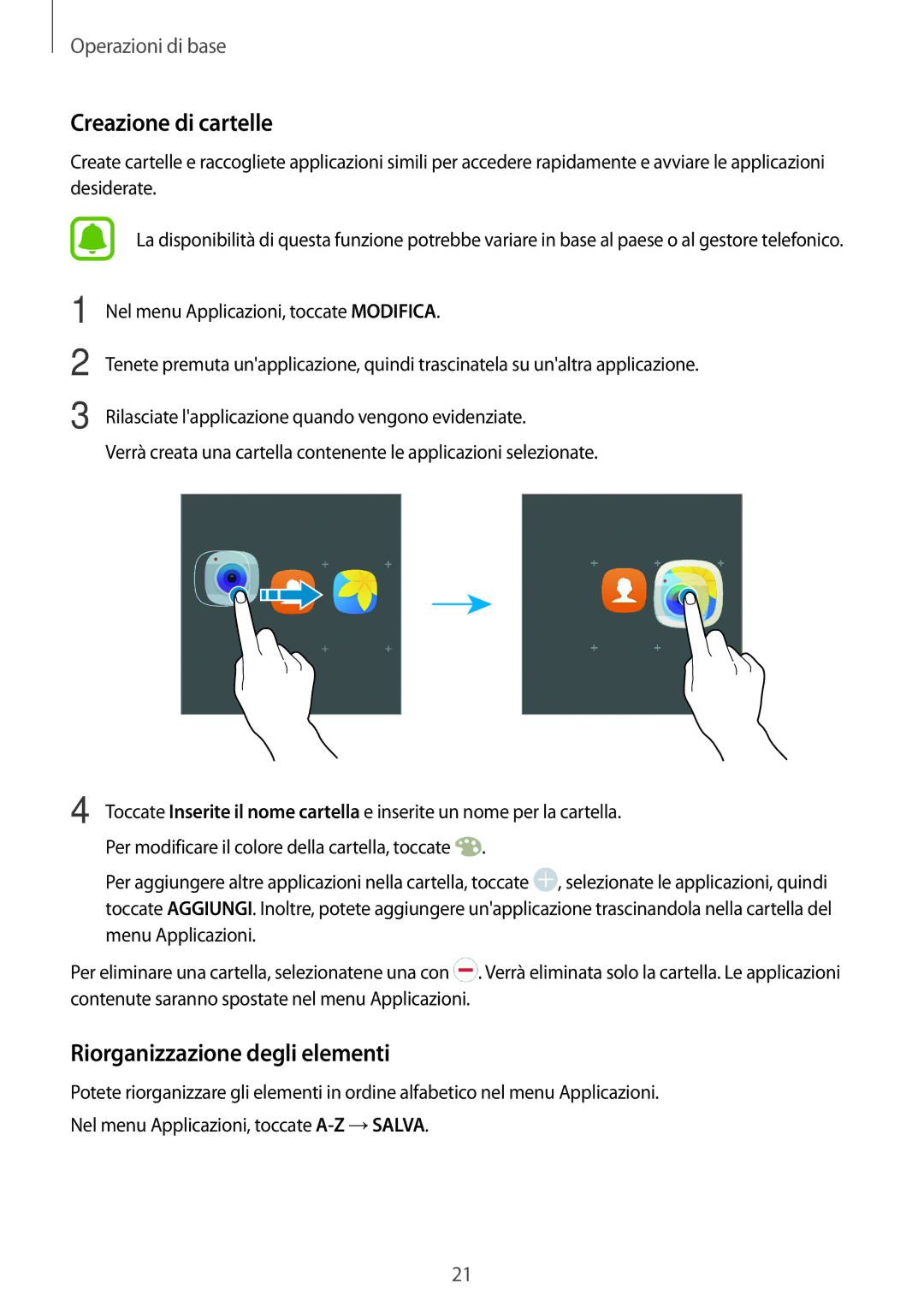 Samsung SM-T580NZAEITV, SM-T580NZWAITV manual Riorganizzazione degli elementi 