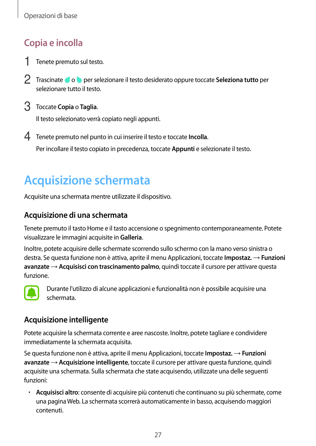 Samsung SM-T580NZAEITV Acquisizione schermata, Copia e incolla, Acquisizione di una schermata, Acquisizione intelligente 