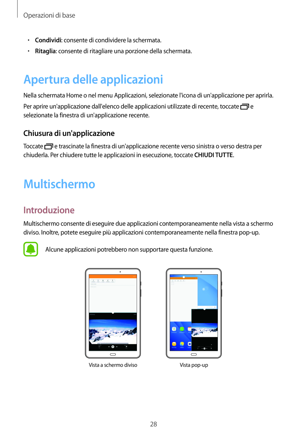 Samsung SM-T580NZWAITV, SM-T580NZAEITV Apertura delle applicazioni, Multischermo, Introduzione, Chiusura di unapplicazione 