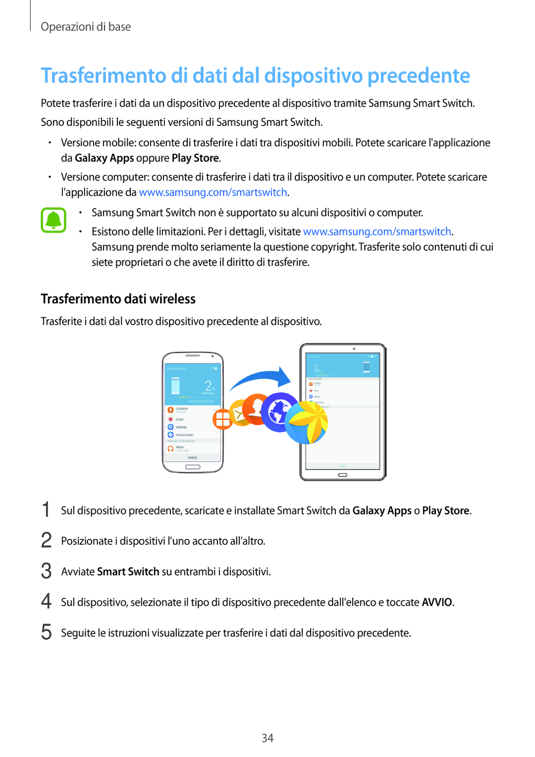 Samsung SM-T580NZWAITV, SM-T580NZAEITV manual Trasferimento di dati dal dispositivo precedente, Trasferimento dati wireless 