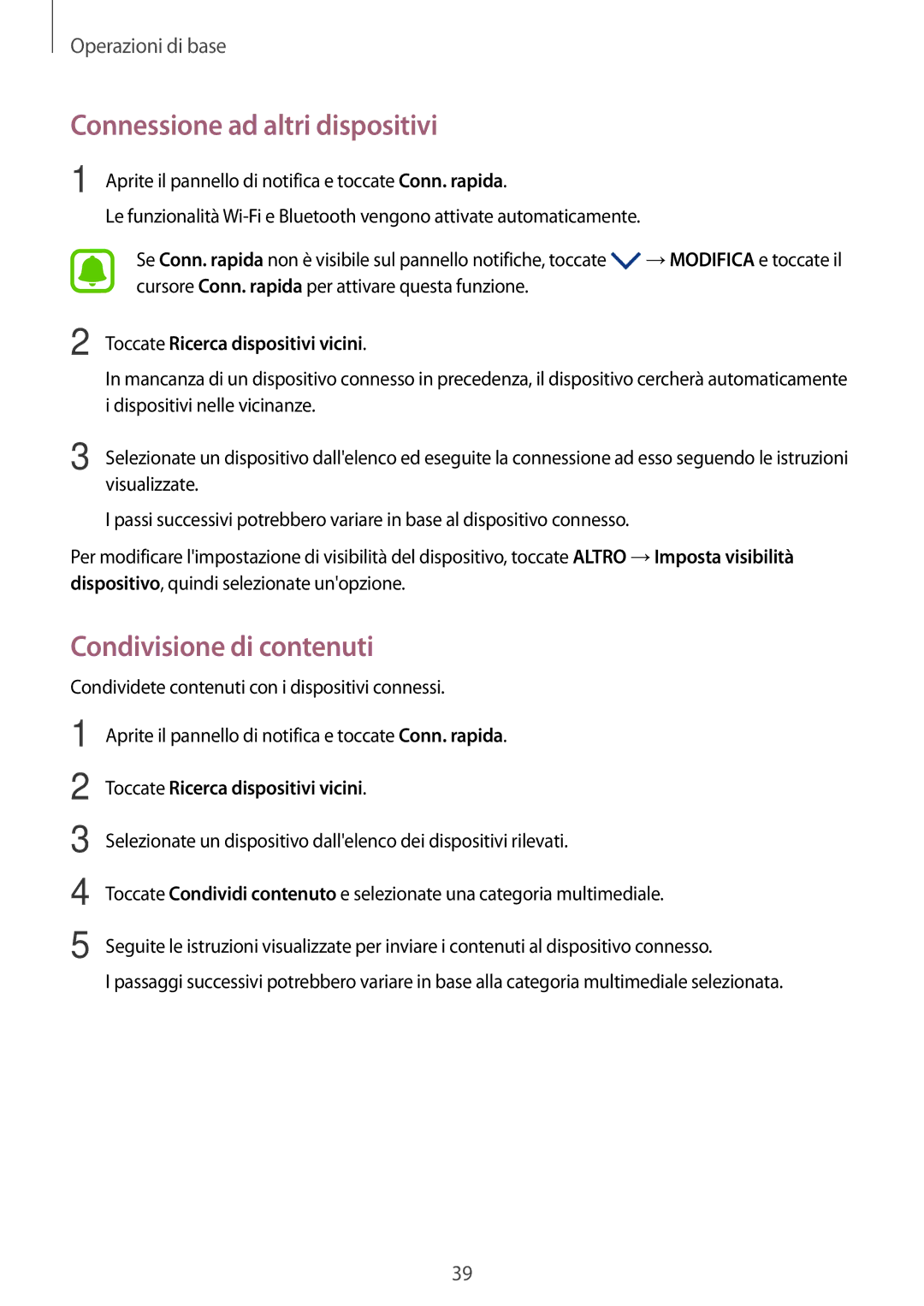 Samsung SM-T580NZAEITV Connessione ad altri dispositivi, Condivisione di contenuti, Toccate Ricerca dispositivi vicini 