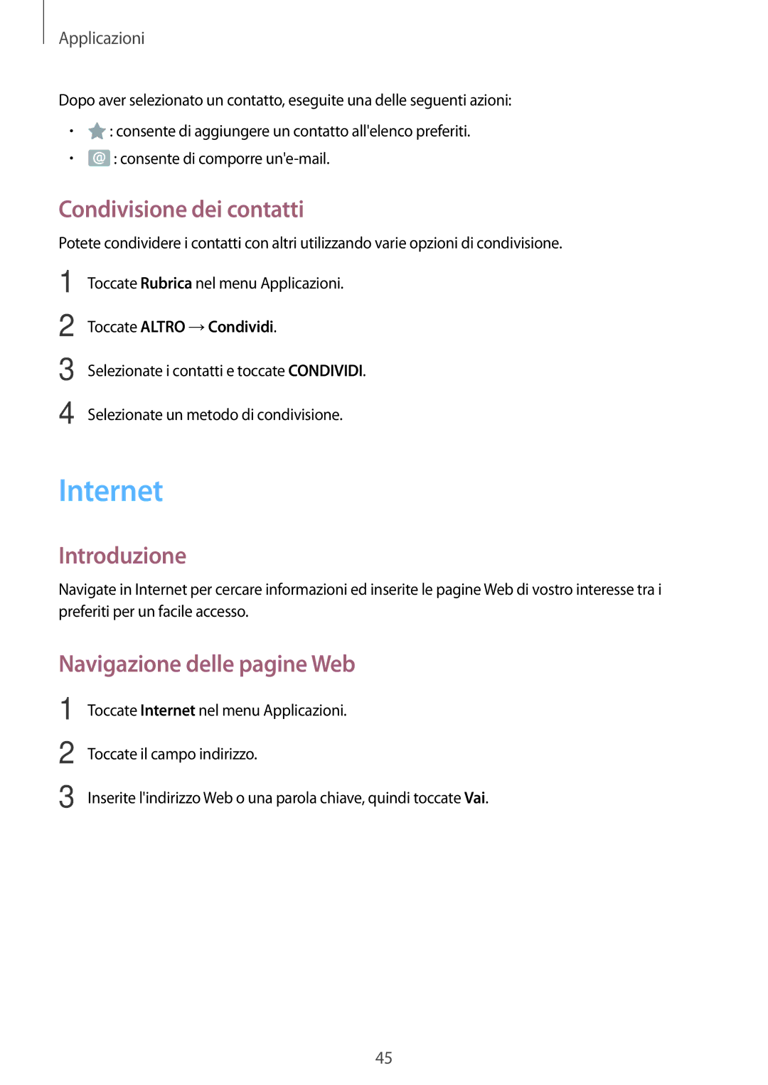 Samsung SM-T580NZAEITV manual Internet, Condivisione dei contatti, Navigazione delle pagine Web, Toccate Altro →Condividi 