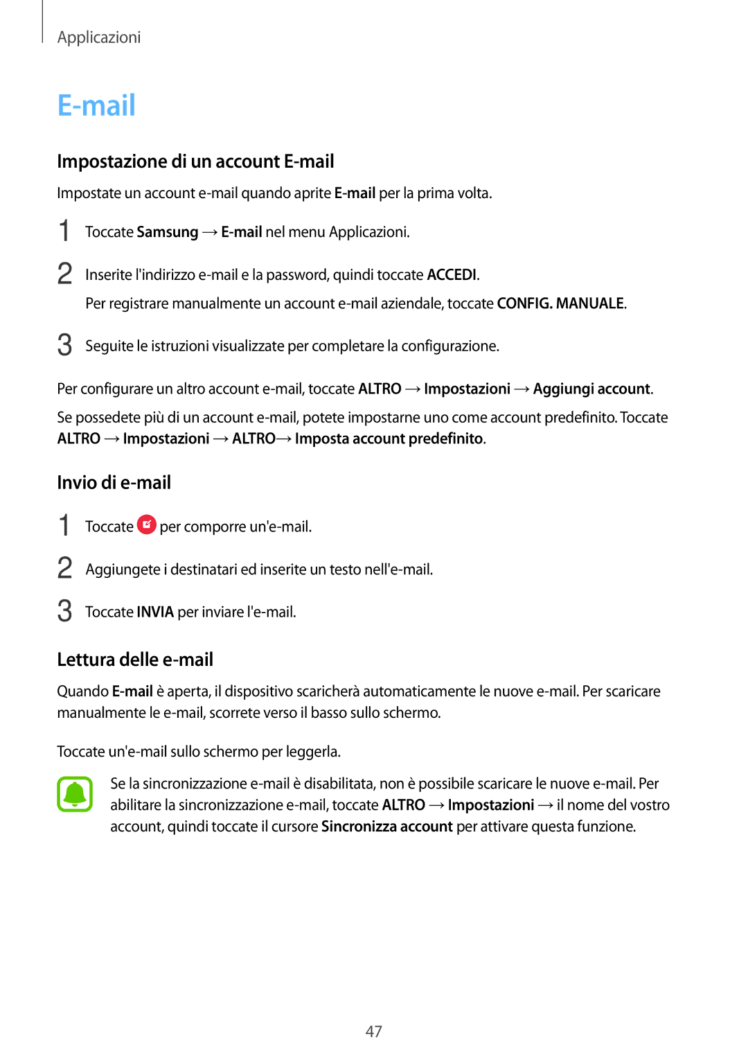 Samsung SM-T580NZAEITV, SM-T580NZWAITV manual Mail, Impostazione di un account E-mail, Invio di e-mail, Lettura delle e-mail 