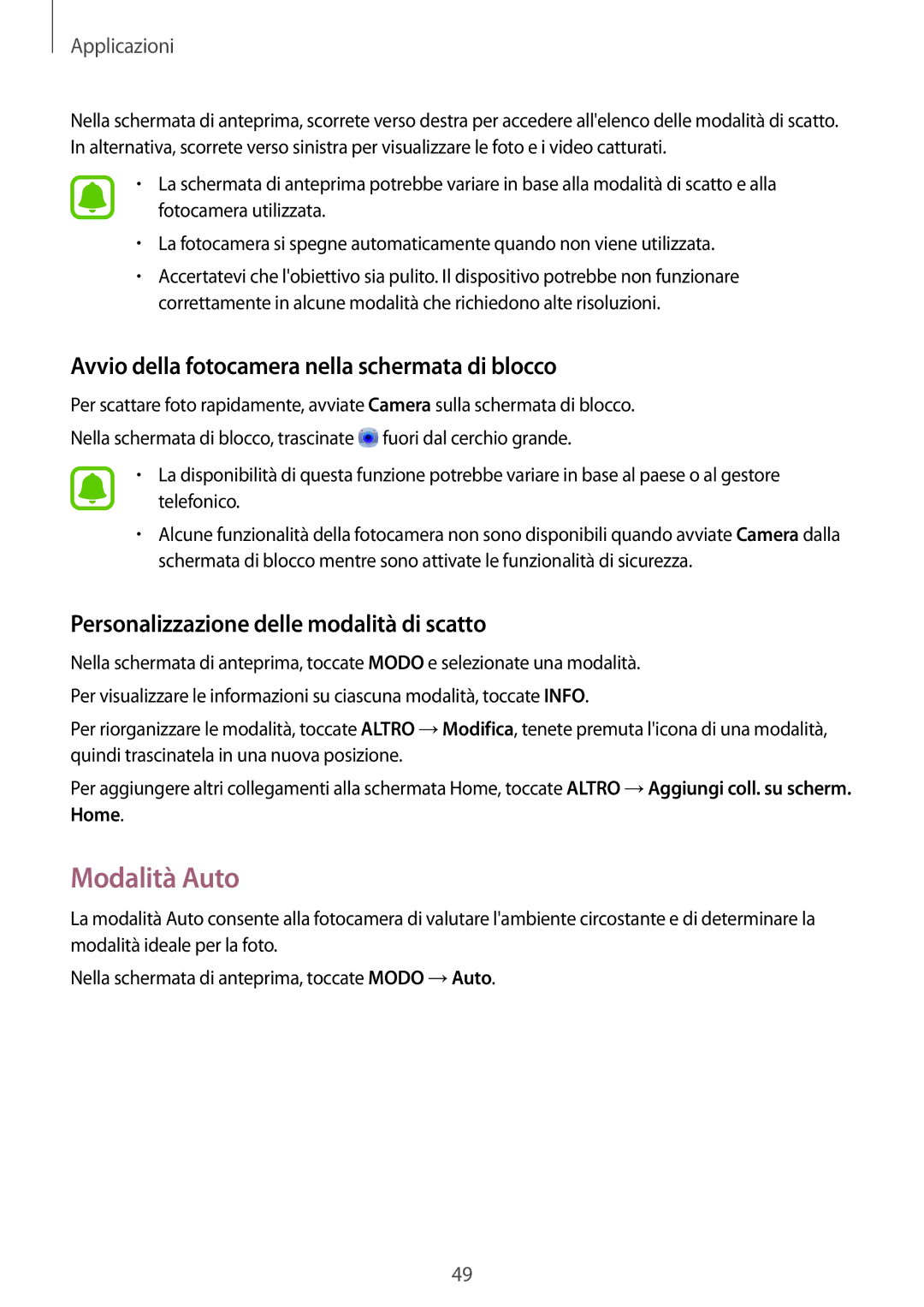 Samsung SM-T580NZAEITV, SM-T580NZWAITV manual Modalità Auto, Avvio della fotocamera nella schermata di blocco 