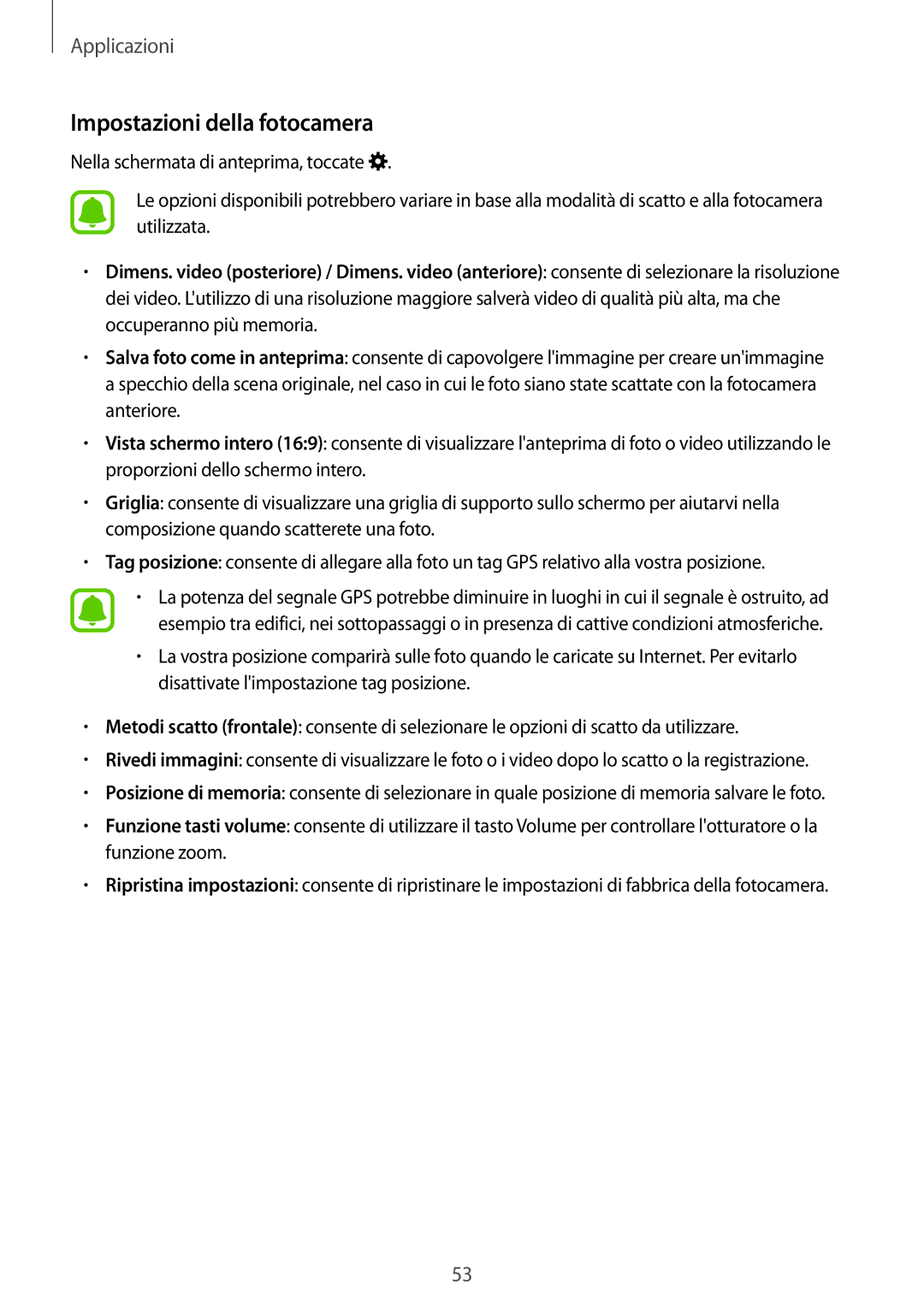 Samsung SM-T580NZAEITV, SM-T580NZWAITV manual Impostazioni della fotocamera 