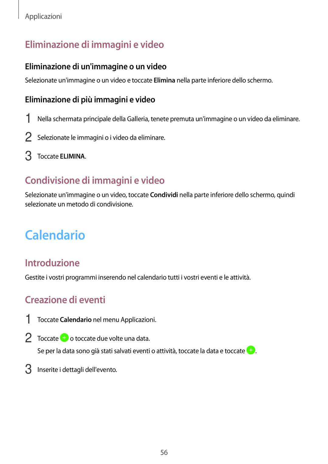 Samsung SM-T580NZWAITV Calendario, Eliminazione di immagini e video, Condivisione di immagini e video, Creazione di eventi 