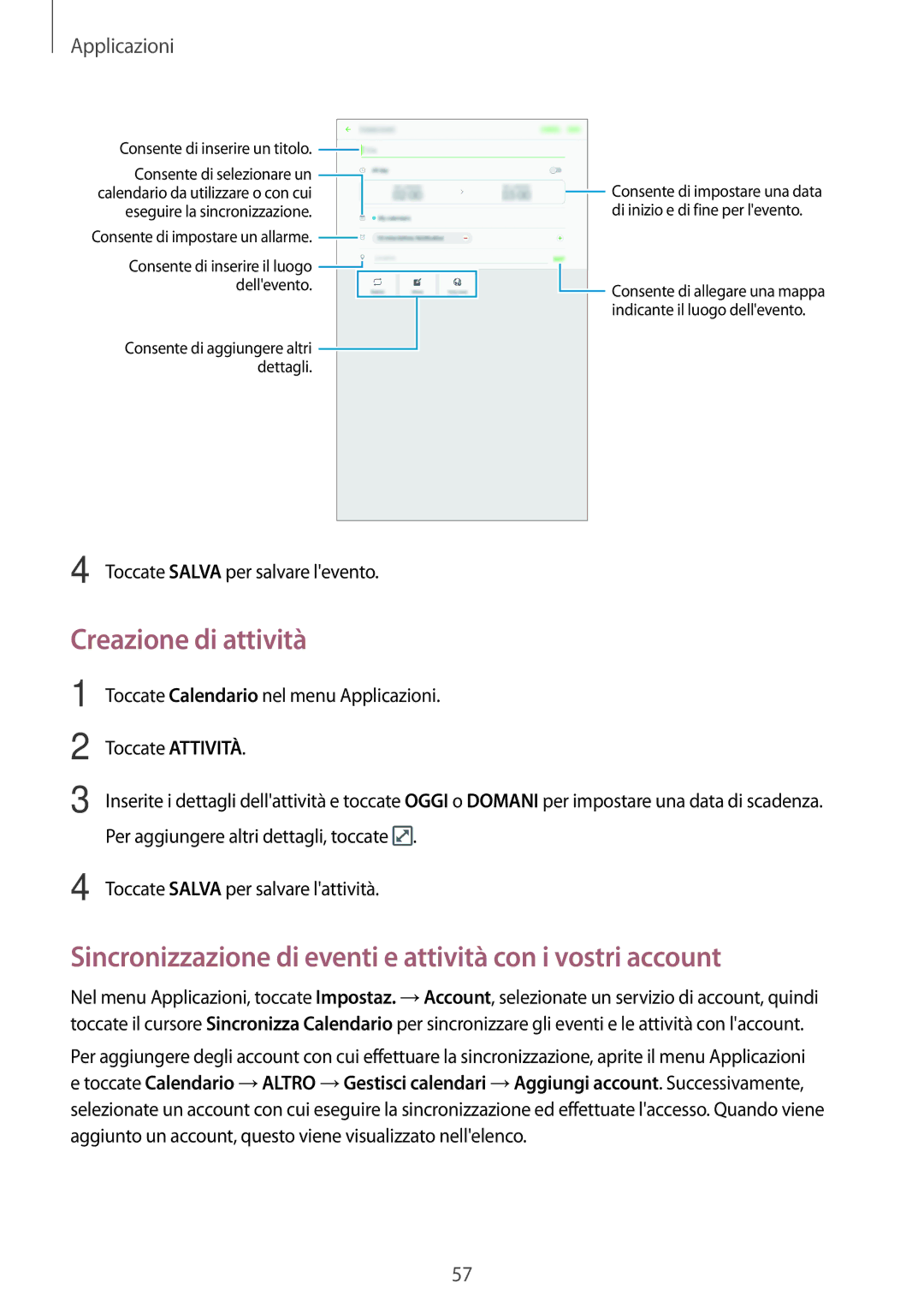 Samsung SM-T580NZAEITV, SM-T580NZWAITV Creazione di attività, Sincronizzazione di eventi e attività con i vostri account 