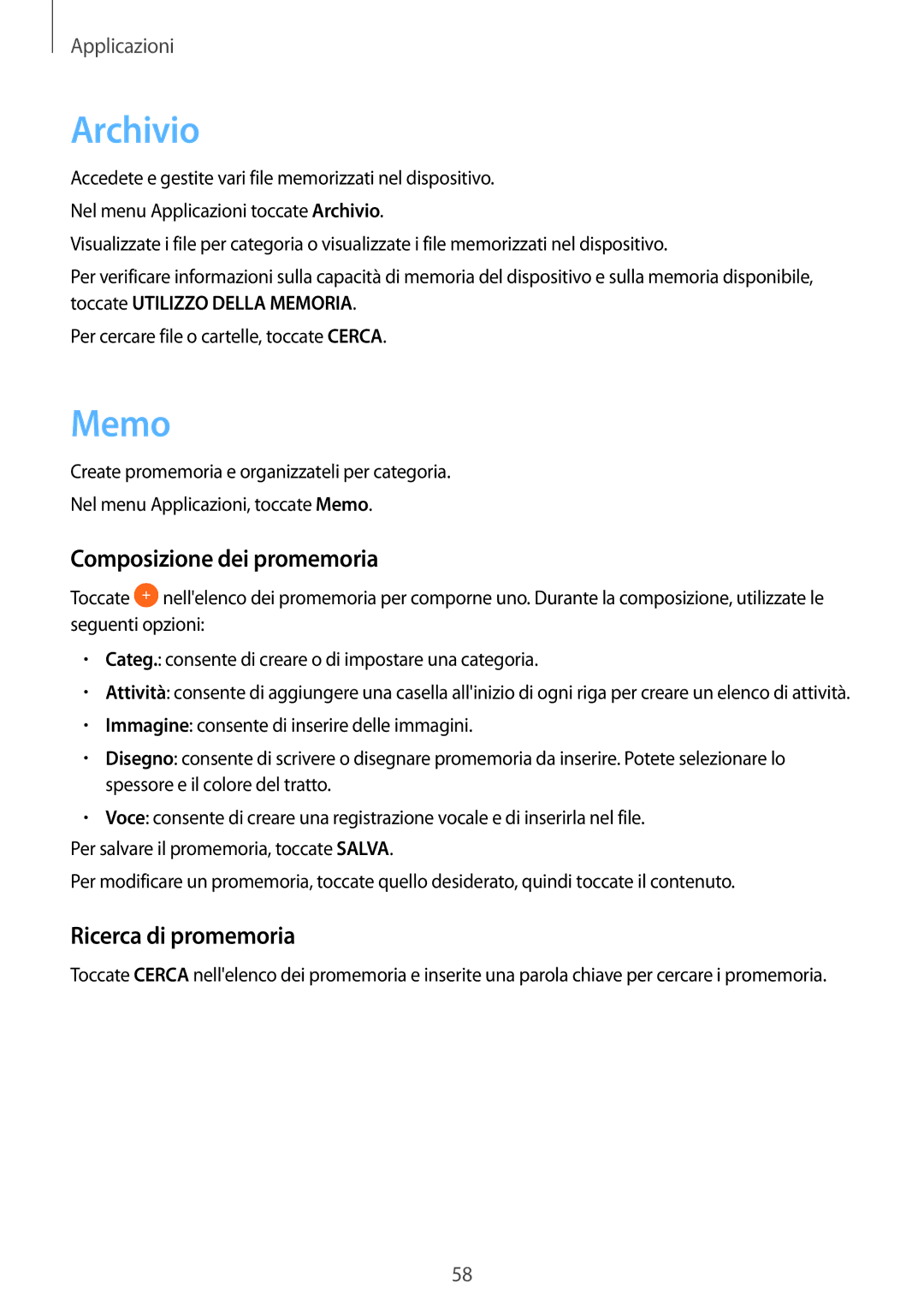 Samsung SM-T580NZWAITV, SM-T580NZAEITV manual Archivio, Memo, Composizione dei promemoria, Ricerca di promemoria 