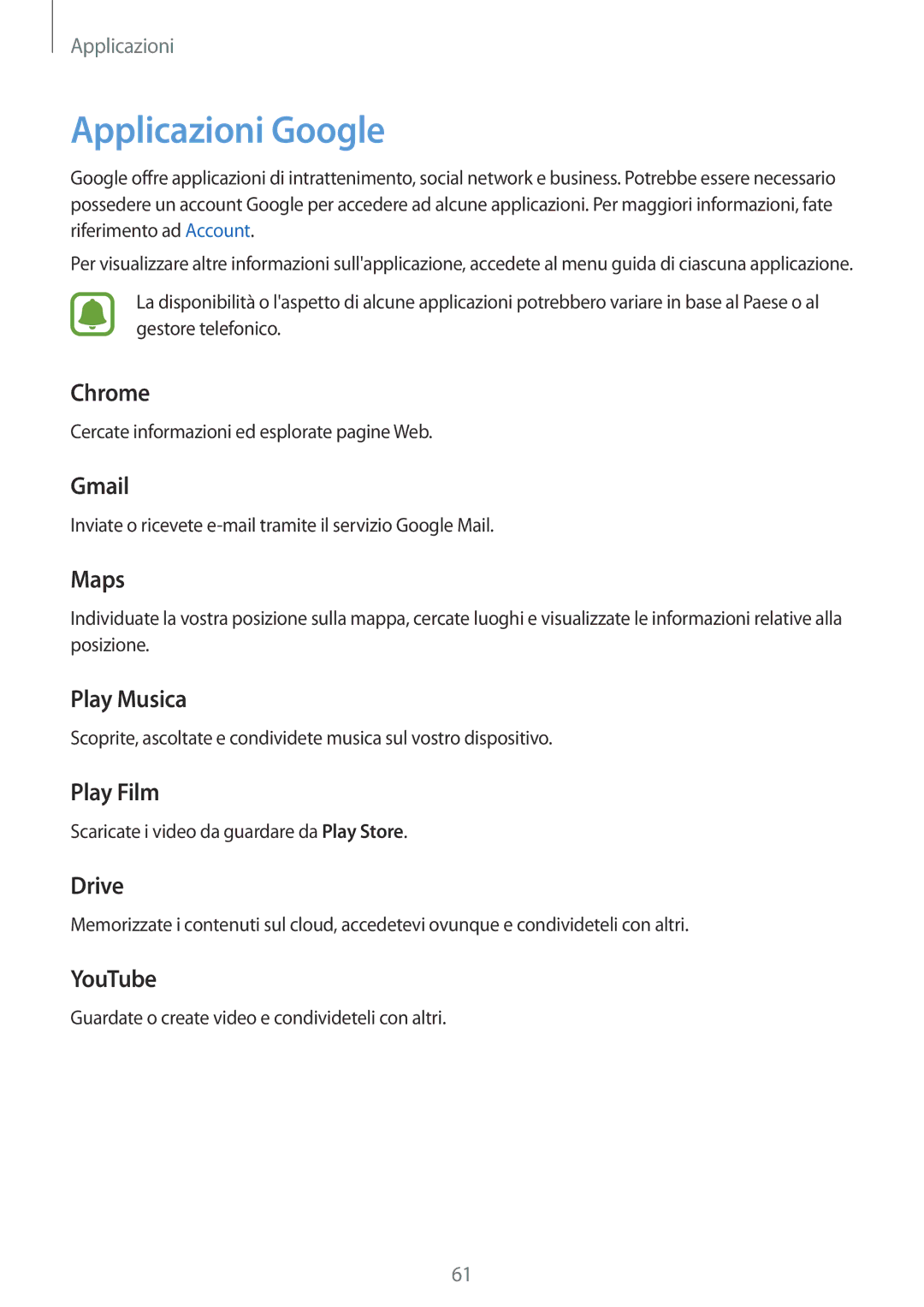 Samsung SM-T580NZAEITV, SM-T580NZWAITV manual Applicazioni Google 