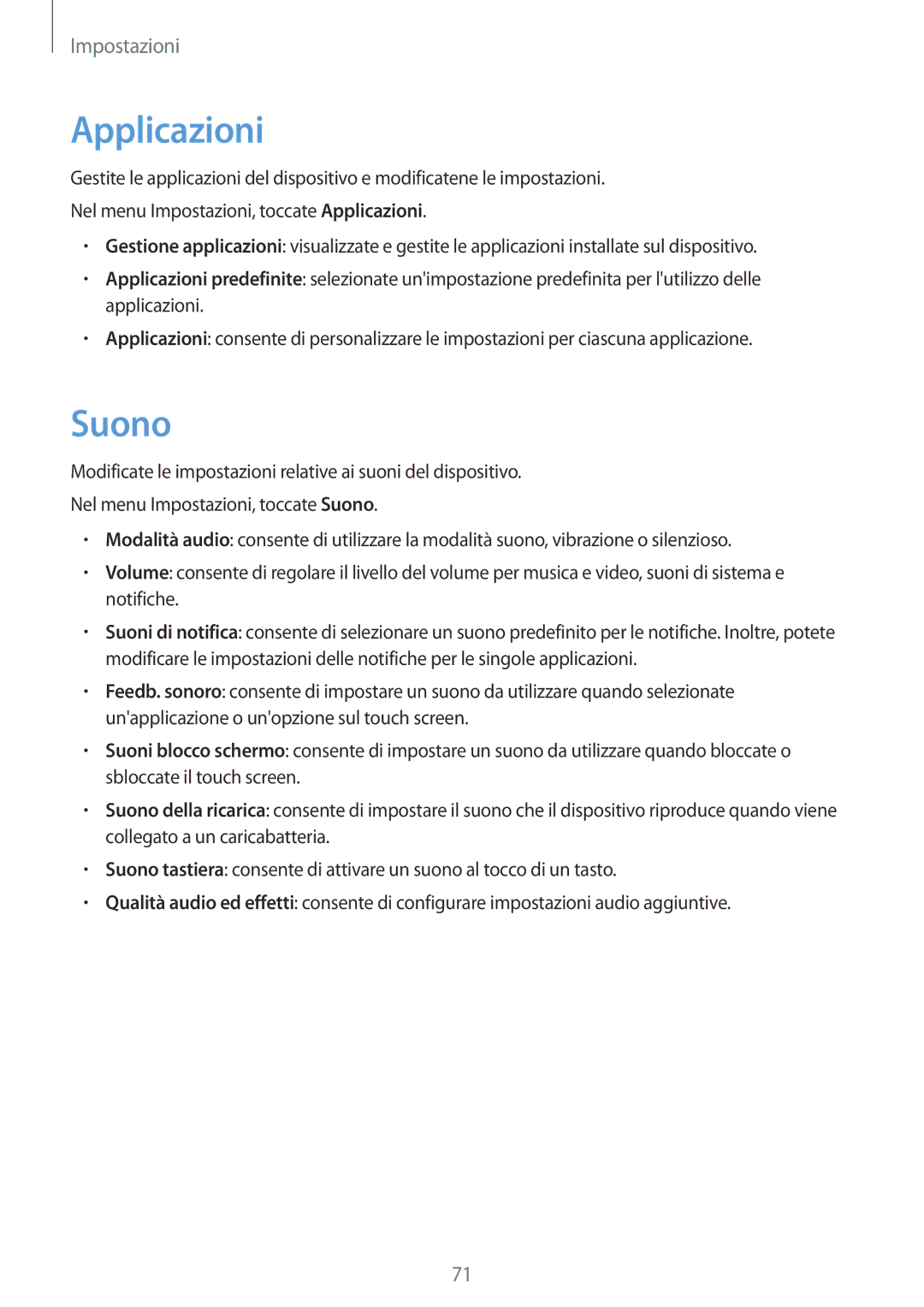 Samsung SM-T580NZAEITV, SM-T580NZWAITV manual Applicazioni, Suono 