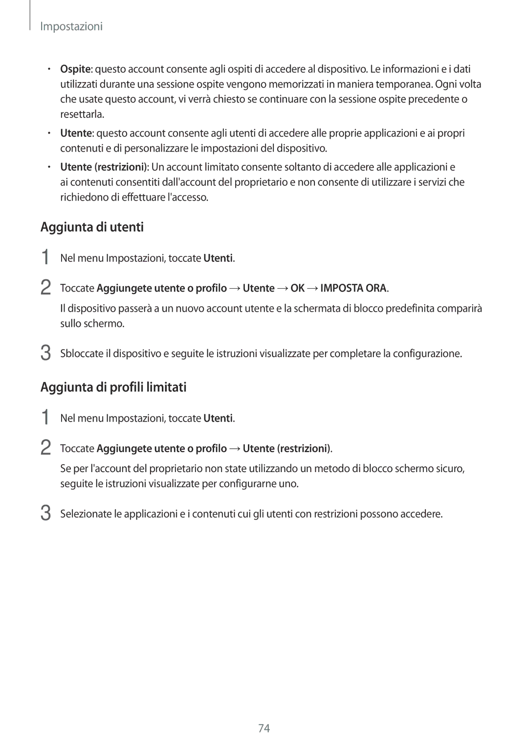 Samsung SM-T580NZWAITV, SM-T580NZAEITV manual Aggiunta di utenti, Aggiunta di profili limitati 