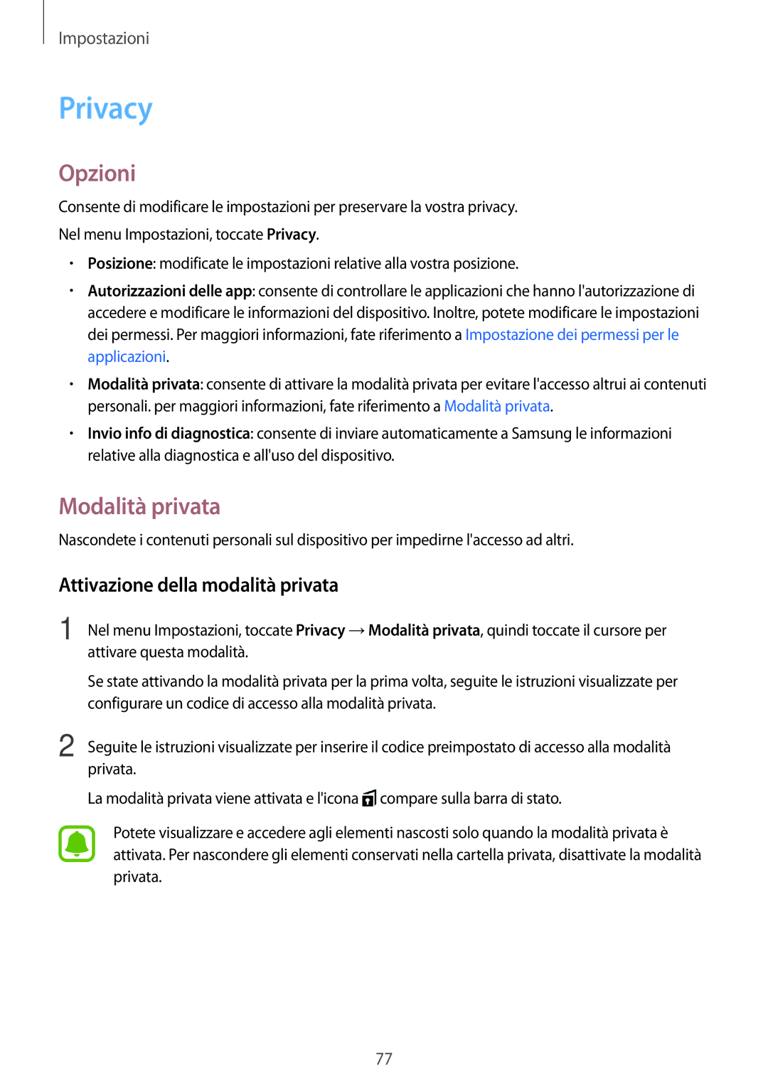 Samsung SM-T580NZAEITV, SM-T580NZWAITV manual Privacy, Modalità privata, Attivazione della modalità privata 