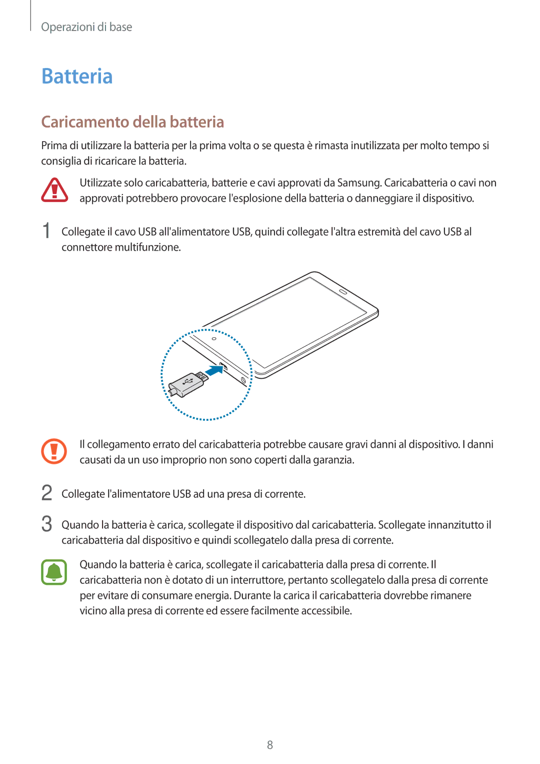 Samsung SM-T580NZWAITV, SM-T580NZAEITV manual Batteria, Caricamento della batteria 